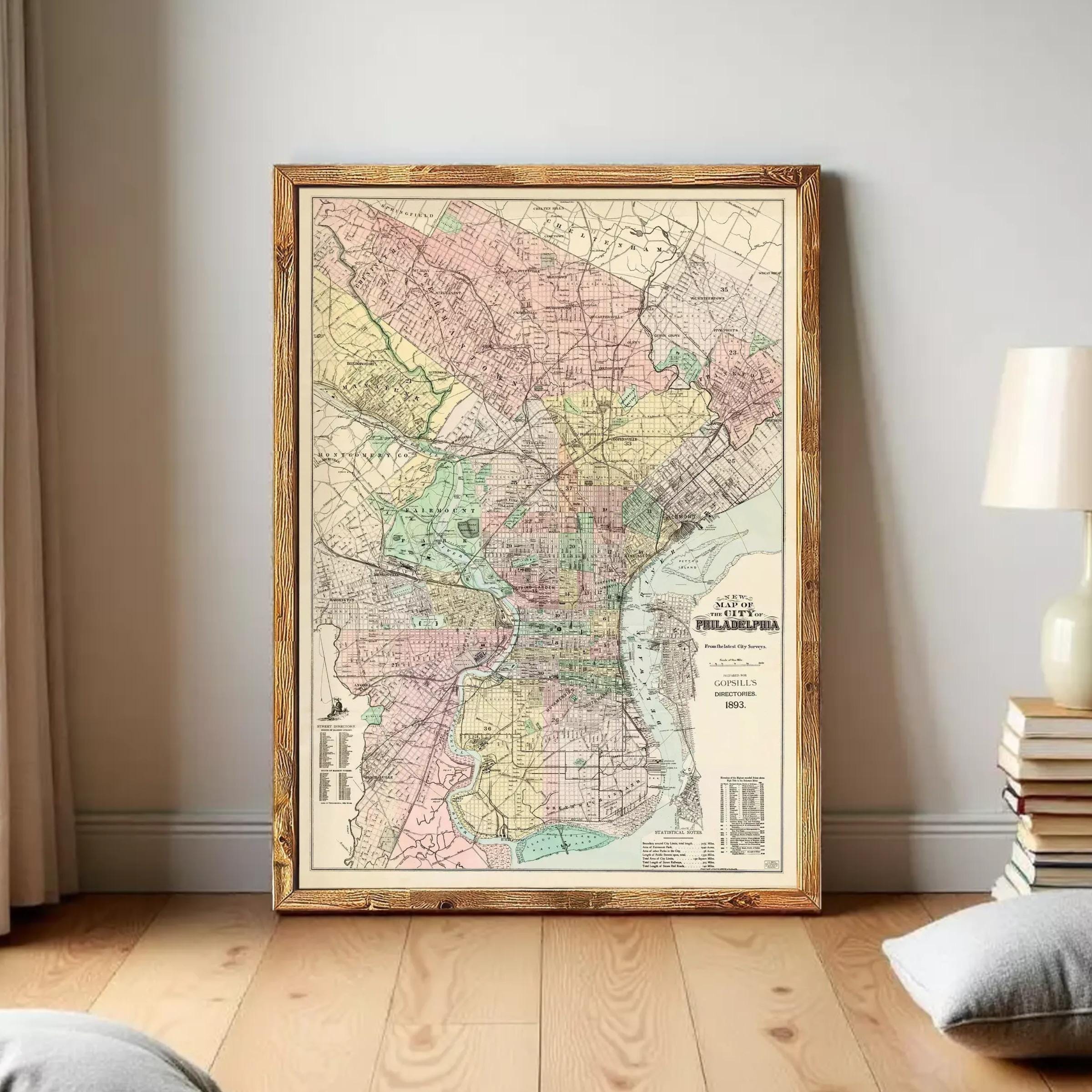 The image is a framed map of Philadelphia, Pennsylvania, showing the city's streets, neighborhoods, and surrounding areas.