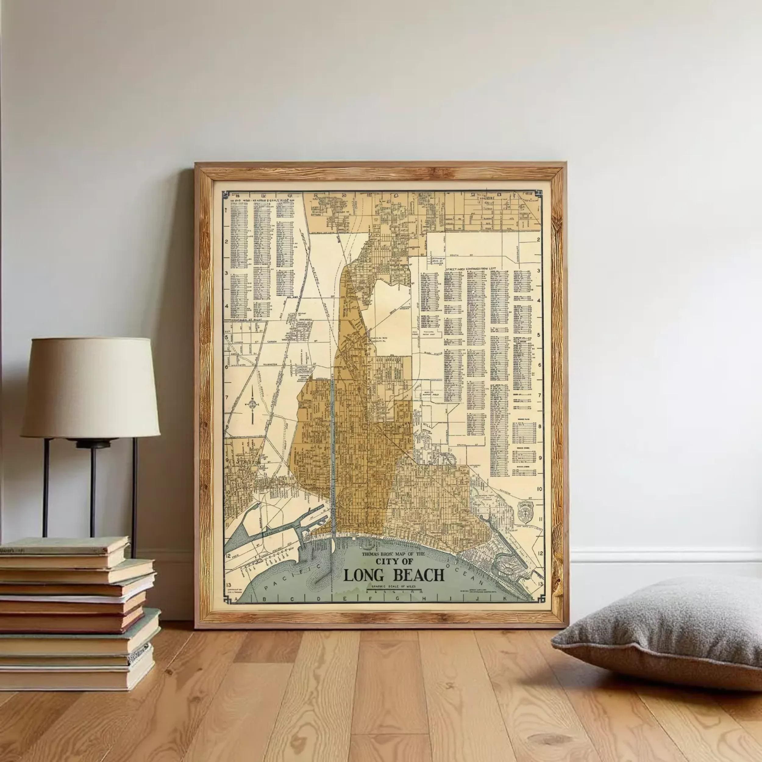 The image is a framed map of the City of Long Beach, California, depicting the city's layout and surrounding areas.