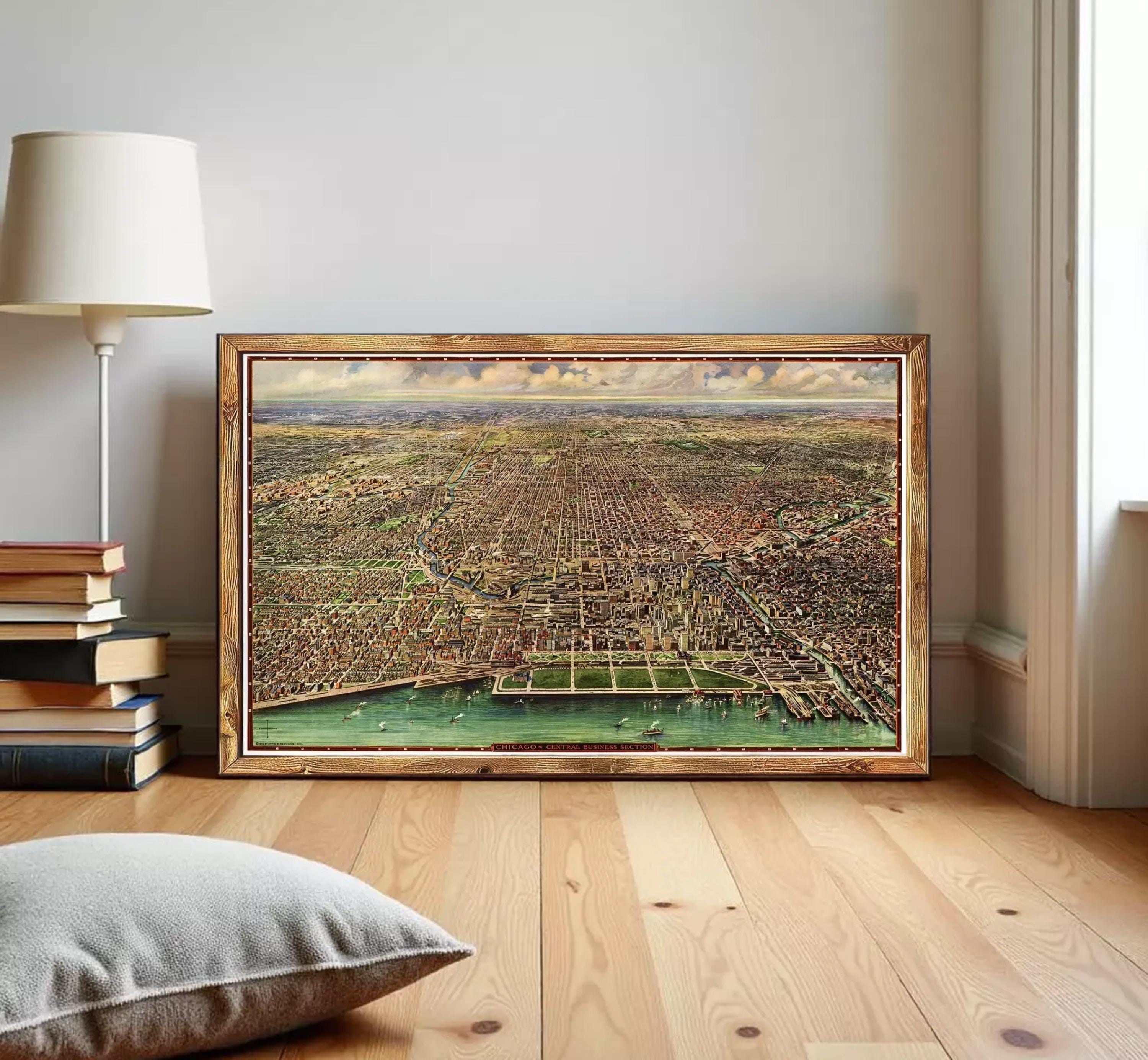 The image is a framed painting depicting a cityscape with a body of water in the foreground.