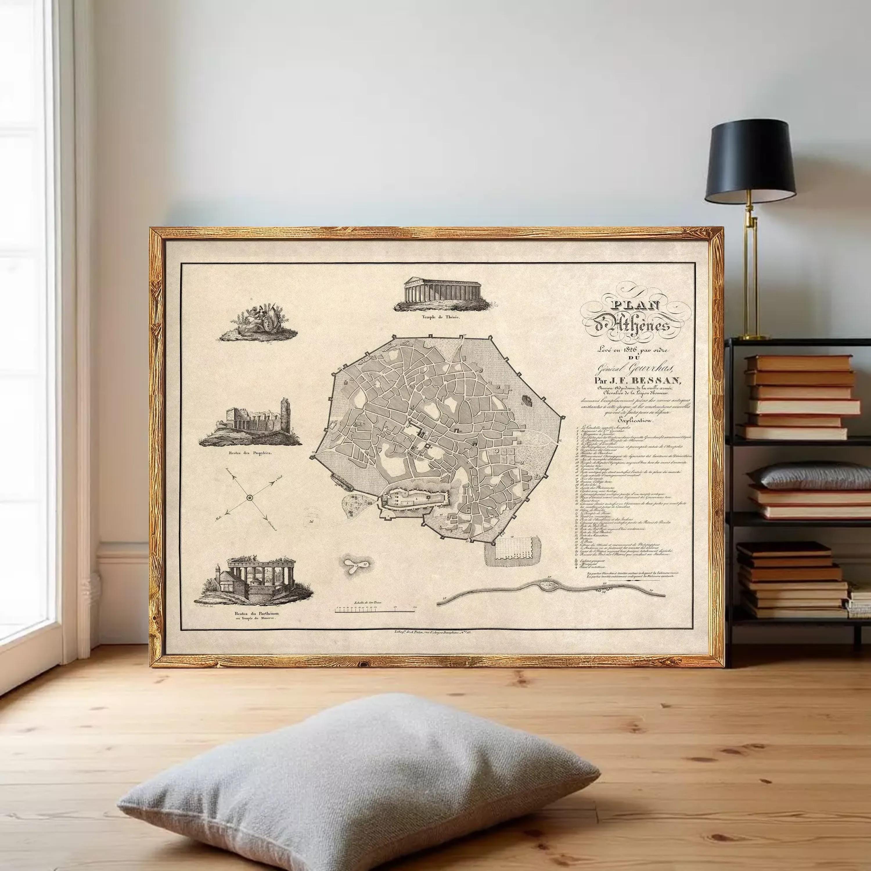 The image is a framed vintage map of Athens, Greece, depicting various landmarks and locations within the city.