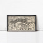 The image is a framed black and white map of London, England, with a detailed and intricate design.