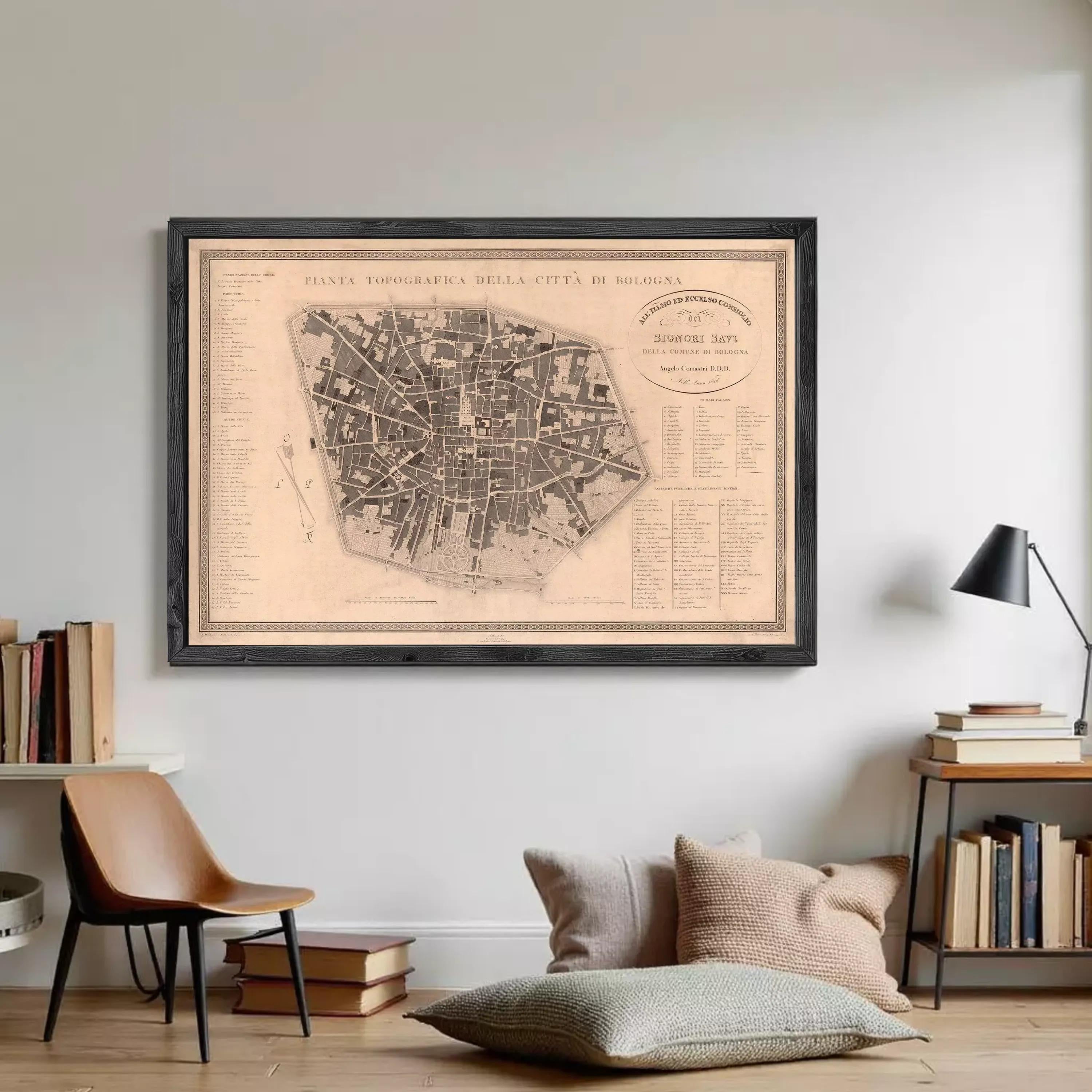 The image is a framed map of a city, likely in Italy, with detailed street names and labels.