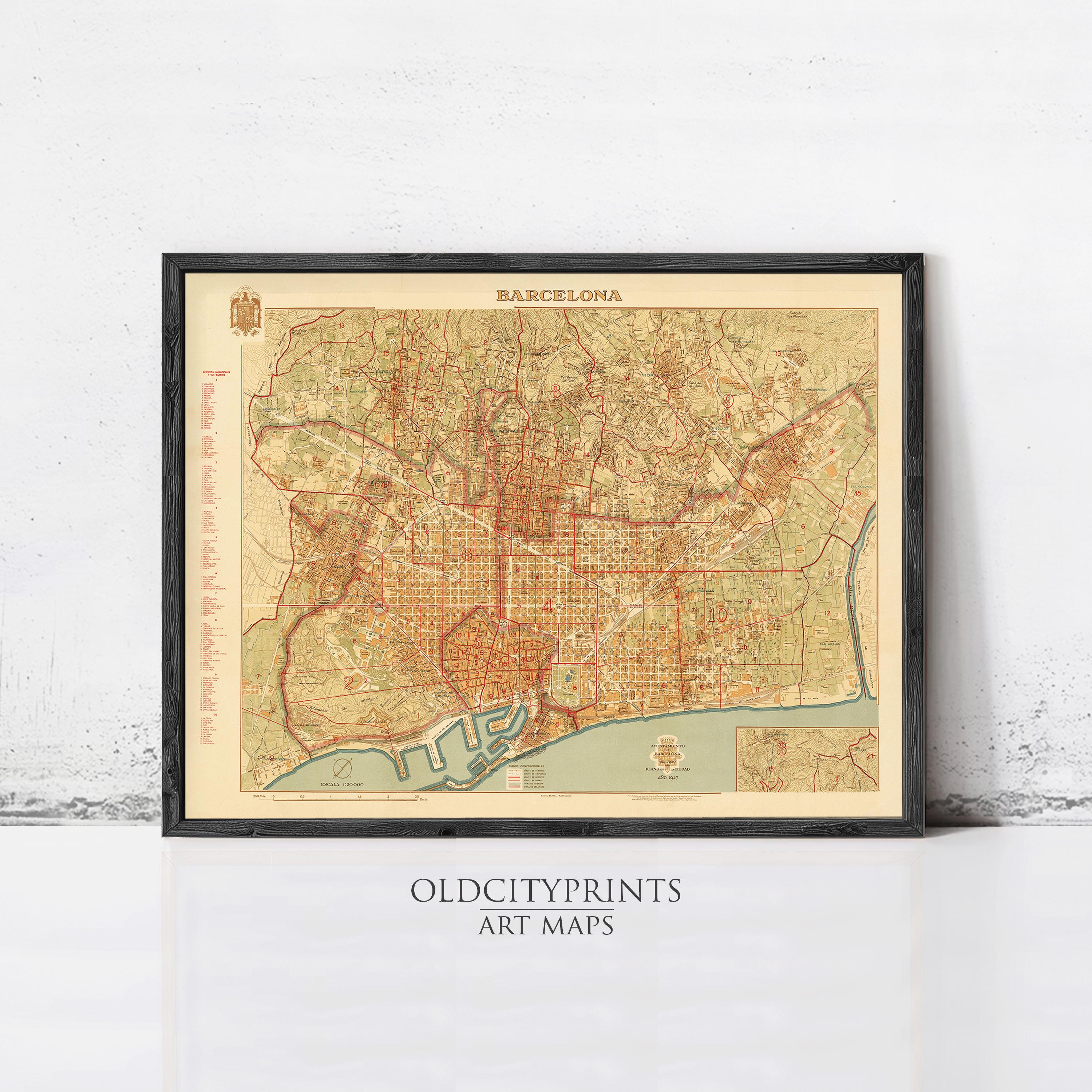The image is a framed vintage map of Barcelona, Spain, depicting the city's streets and landmarks.