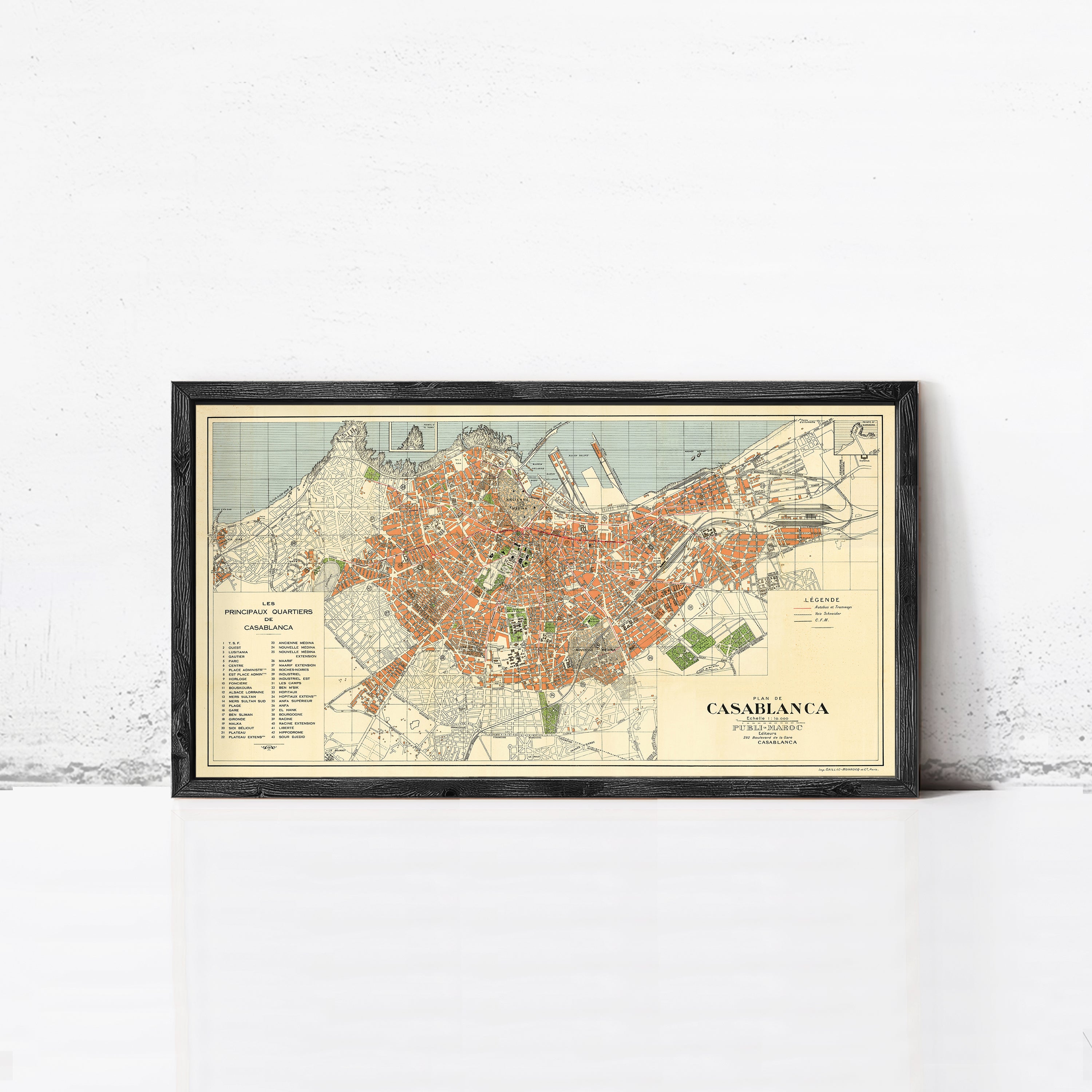 The image is a framed vintage map of Casablanca, Morocco, depicting the city's layout and surrounding areas.