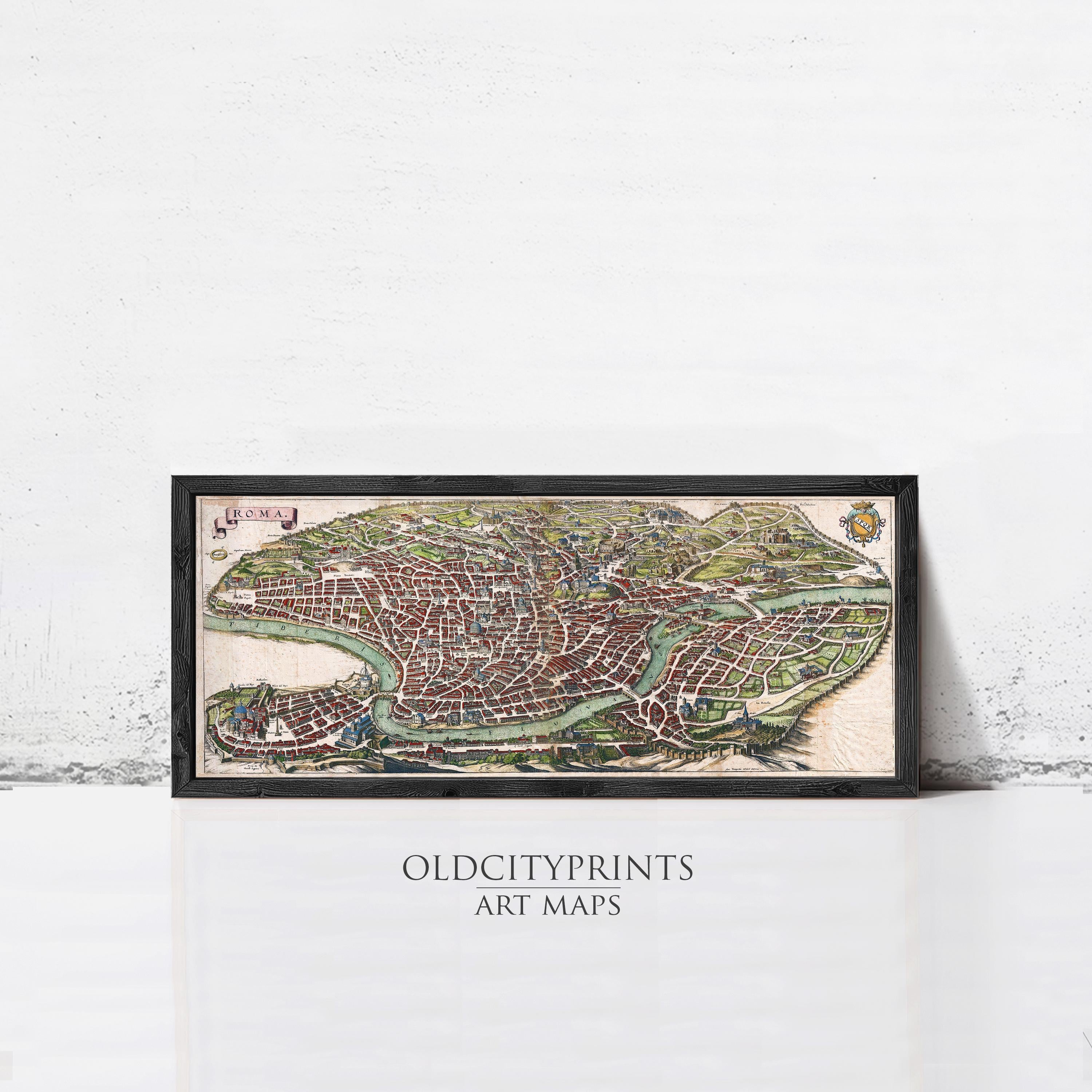 The image is a framed art print depicting a detailed map of a city, with various landmarks and streets clearly visible.
