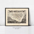 The image is a framed antique map of a region, likely depicting a historical or geographical area.