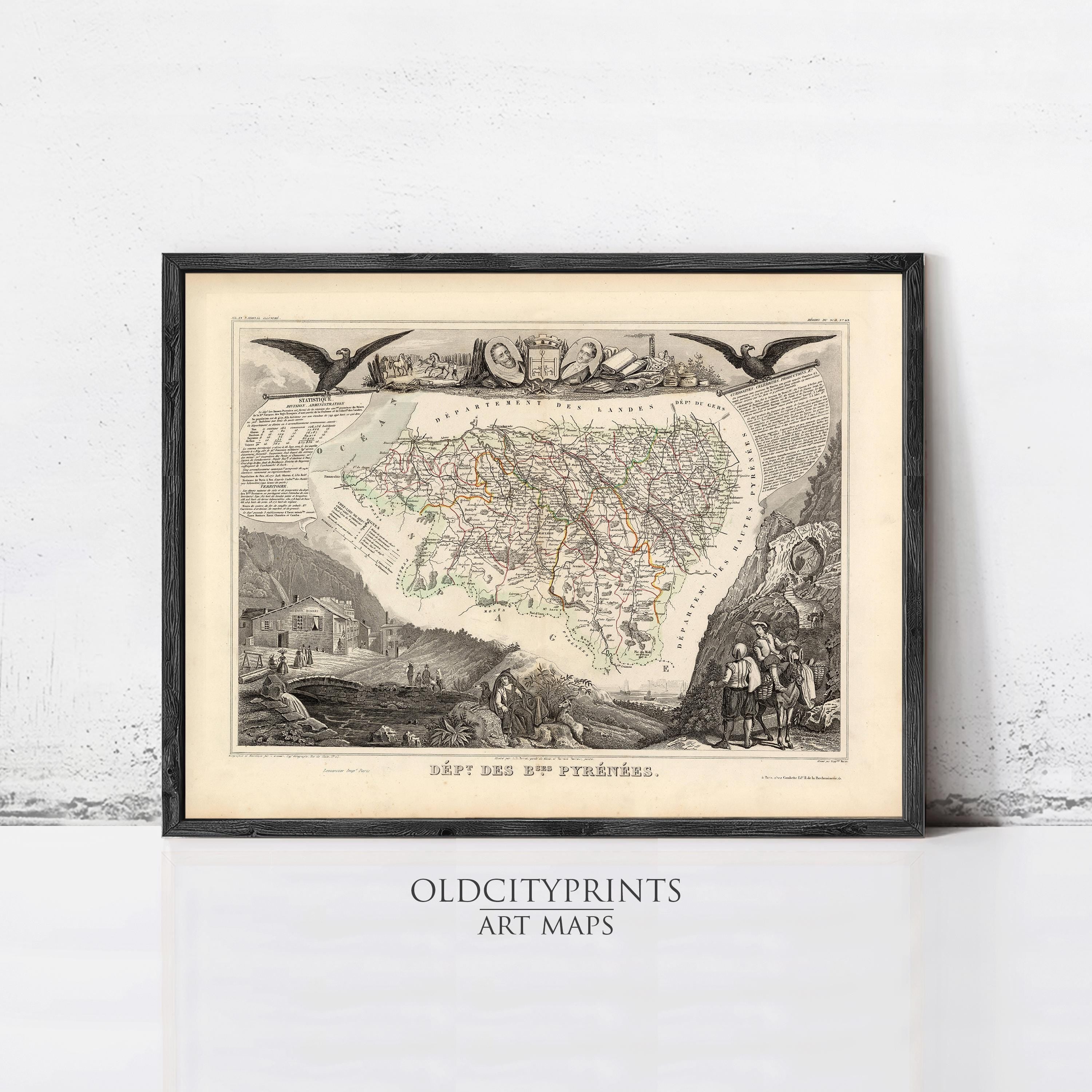 The image is a framed antique map of a region, likely depicting a historical or geographical area.