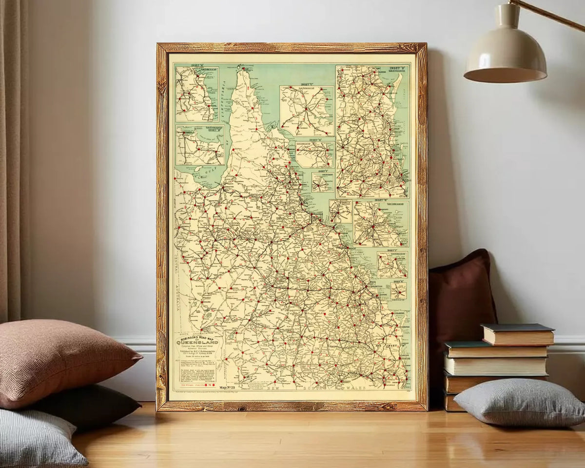 a large framed map of the United States, with various states and highways clearly visible.