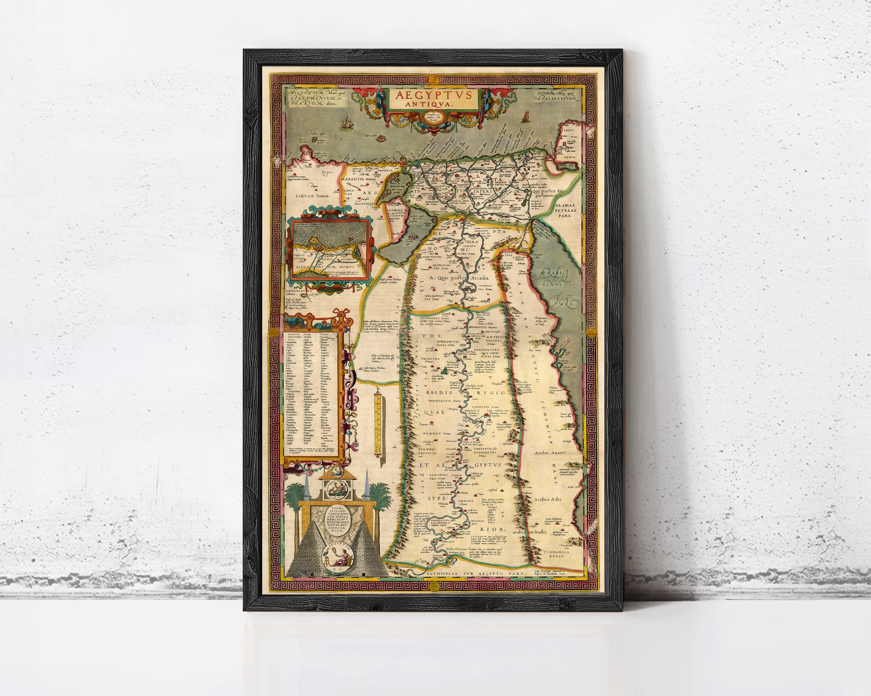 The image is a framed antique map of the Middle East and North Africa, depicting various countries and regions in a detailed and colorful manner.