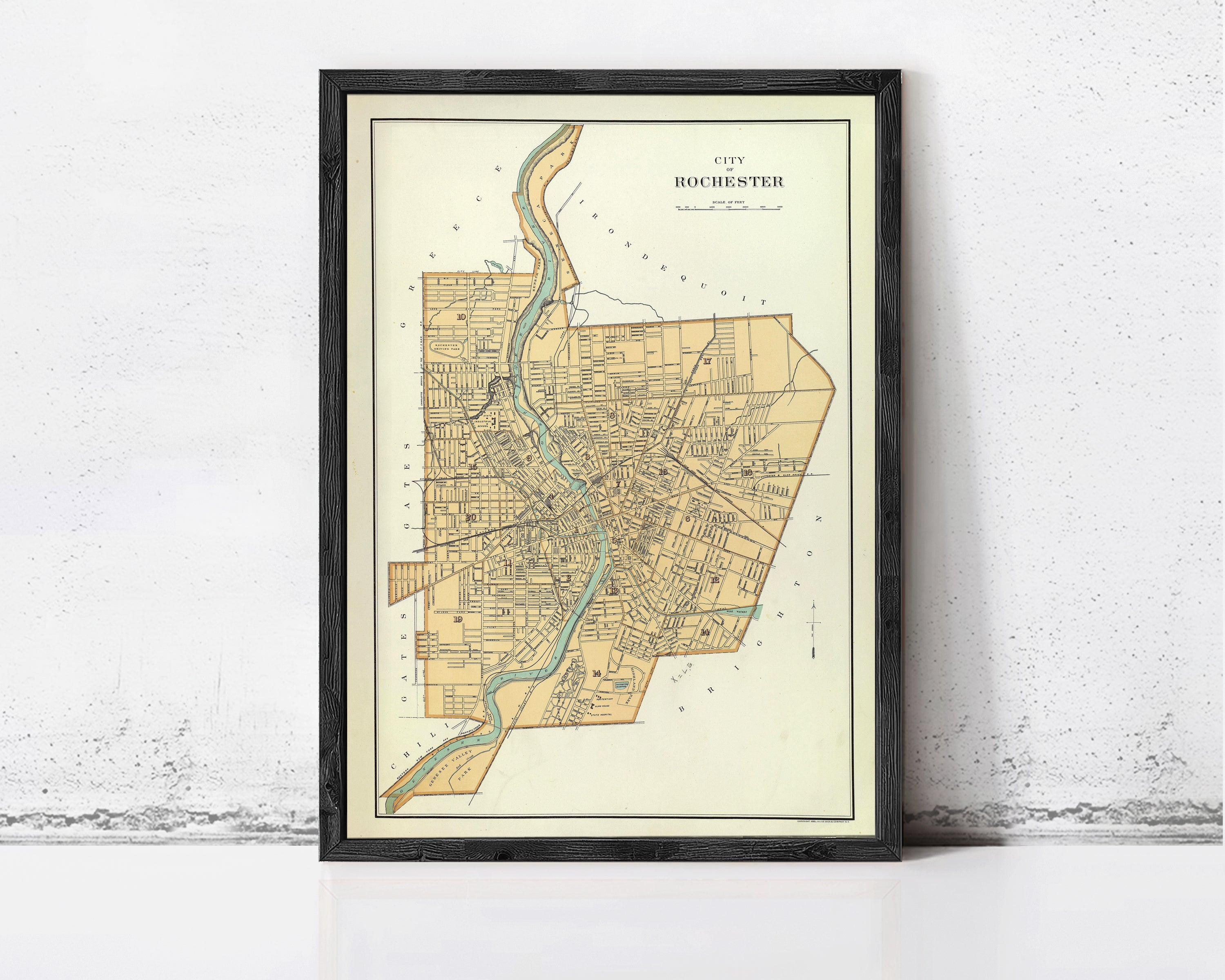 The image is a framed map of the city of Rochester, New York, depicting the city's streets and surrounding areas.