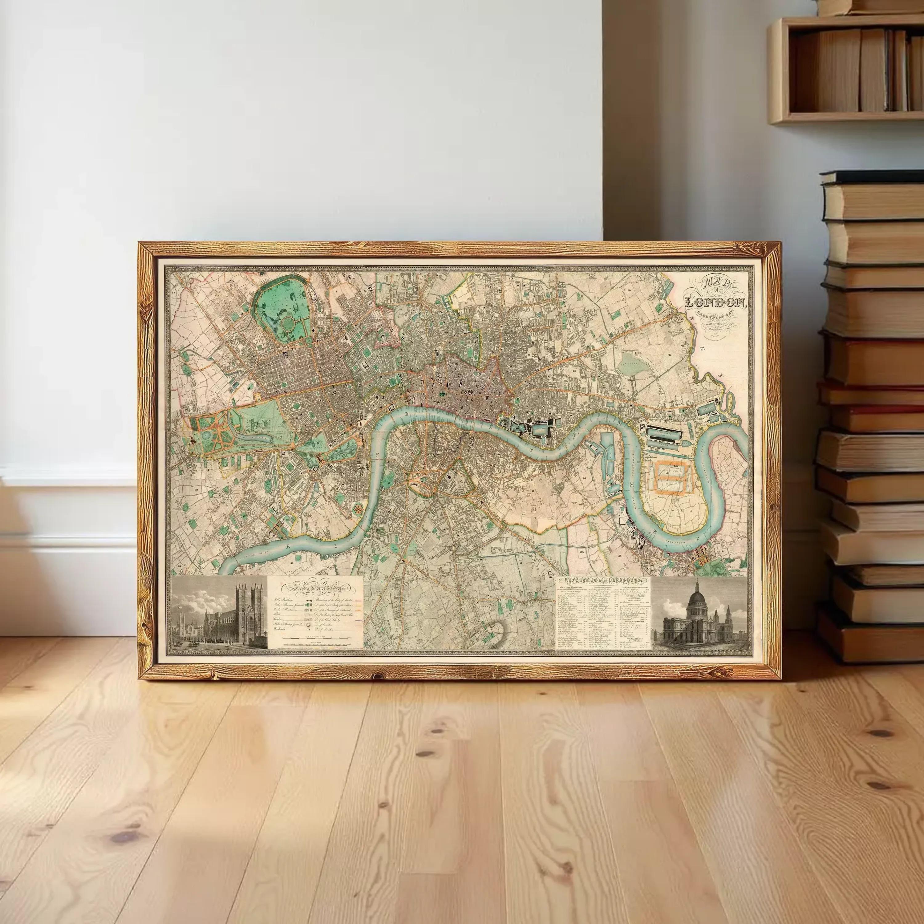 A framed map of London, featuring a detailed representation of the city's streets, landmarks, and waterways.