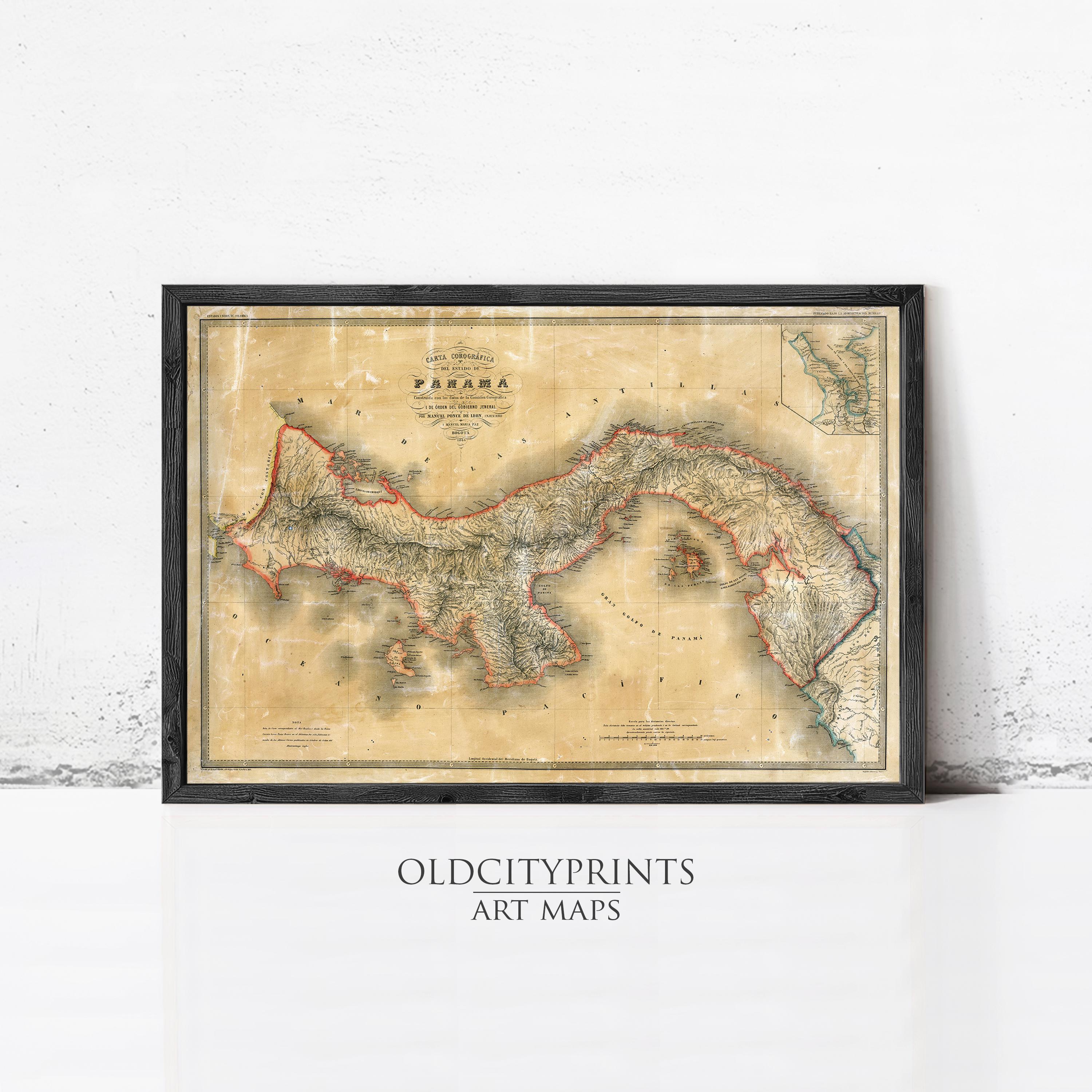 The image is a framed vintage map of Panama, depicting the country's geographical layout and surrounding areas.