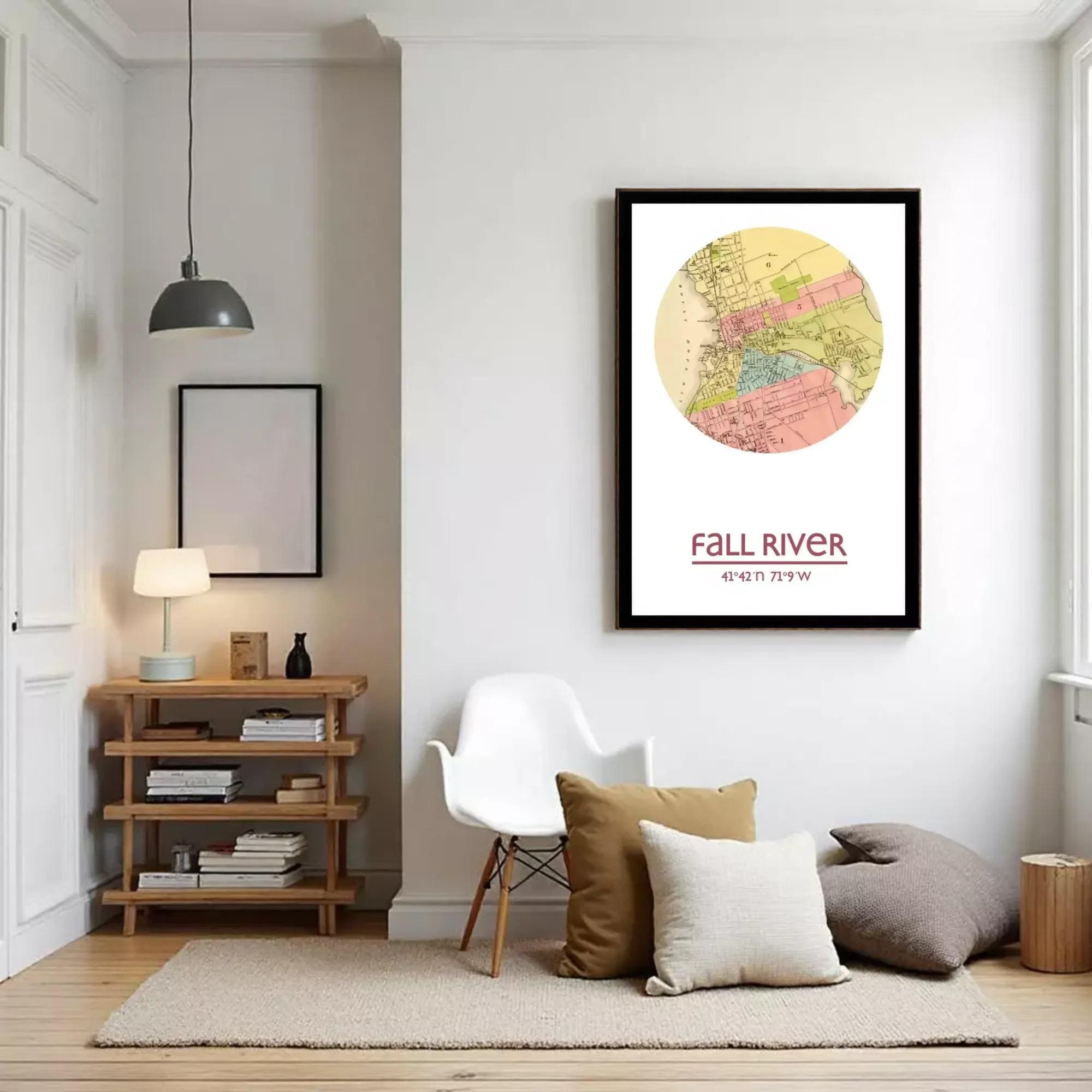The image is a framed poster depicting a map of the Fall River area, with the text "FALL RIVER 41° 42' 37" W" below the map.