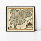 The image is a framed vintage map of the Iberian Peninsula, showing the various regions and islands within the region.