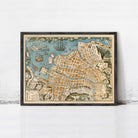 The image is a framed vintage map of a city, depicting various landmarks and streets.