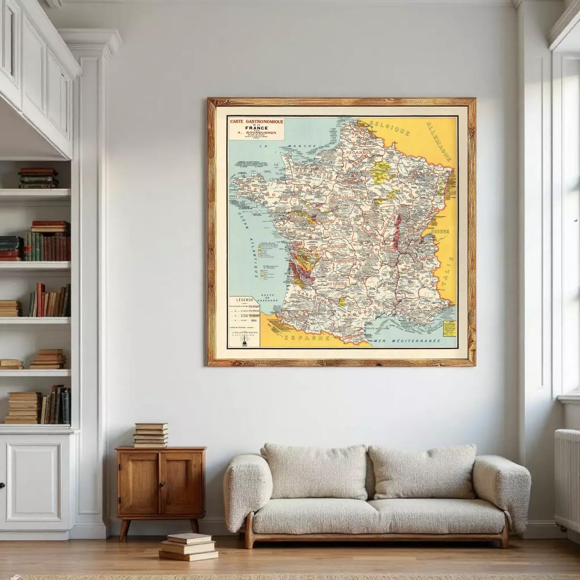a large framed map of France hanging on a wall in a room with a couch and bookshelves.