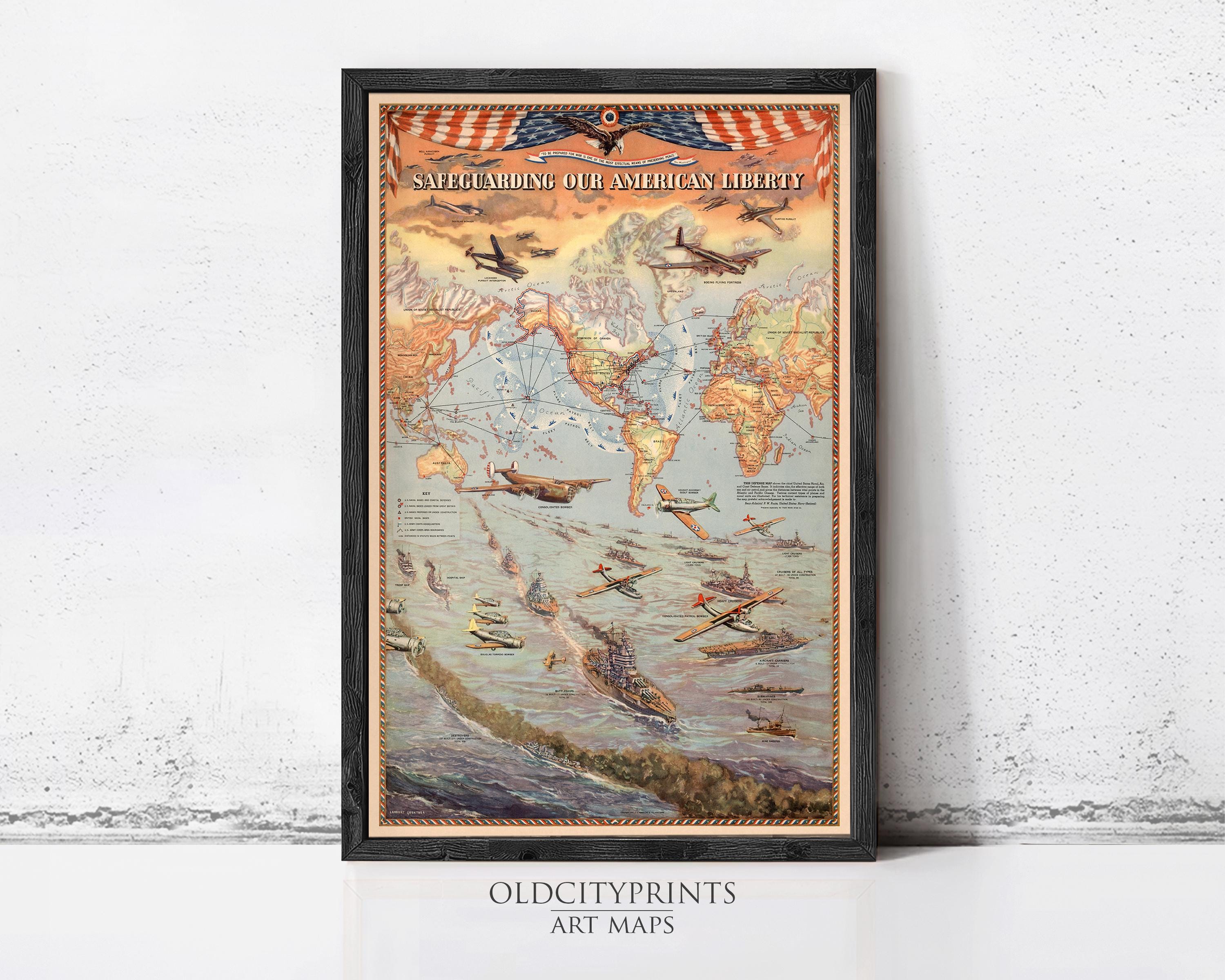 The image is a framed vintage map depicting various airplanes and ships, with the title "SAFECURING OF AMERICAN LIBERTY" prominently displayed.