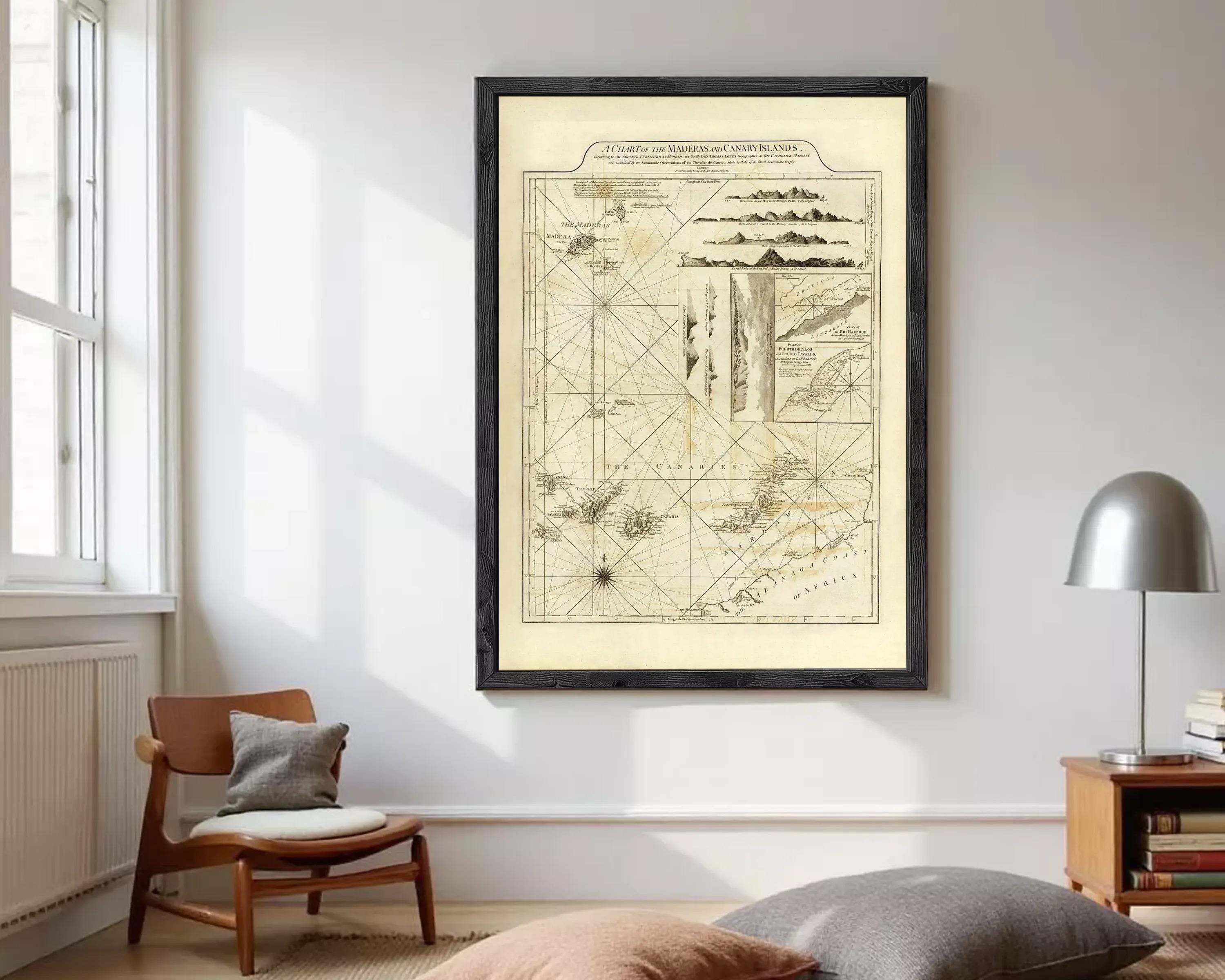 The image is a framed historical map of the Mediterranean and Canary Islands, depicting various geographical features and locations.