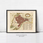 The image is a framed antique map of a city, likely from the 16th century, with detailed cartography and geographical information.