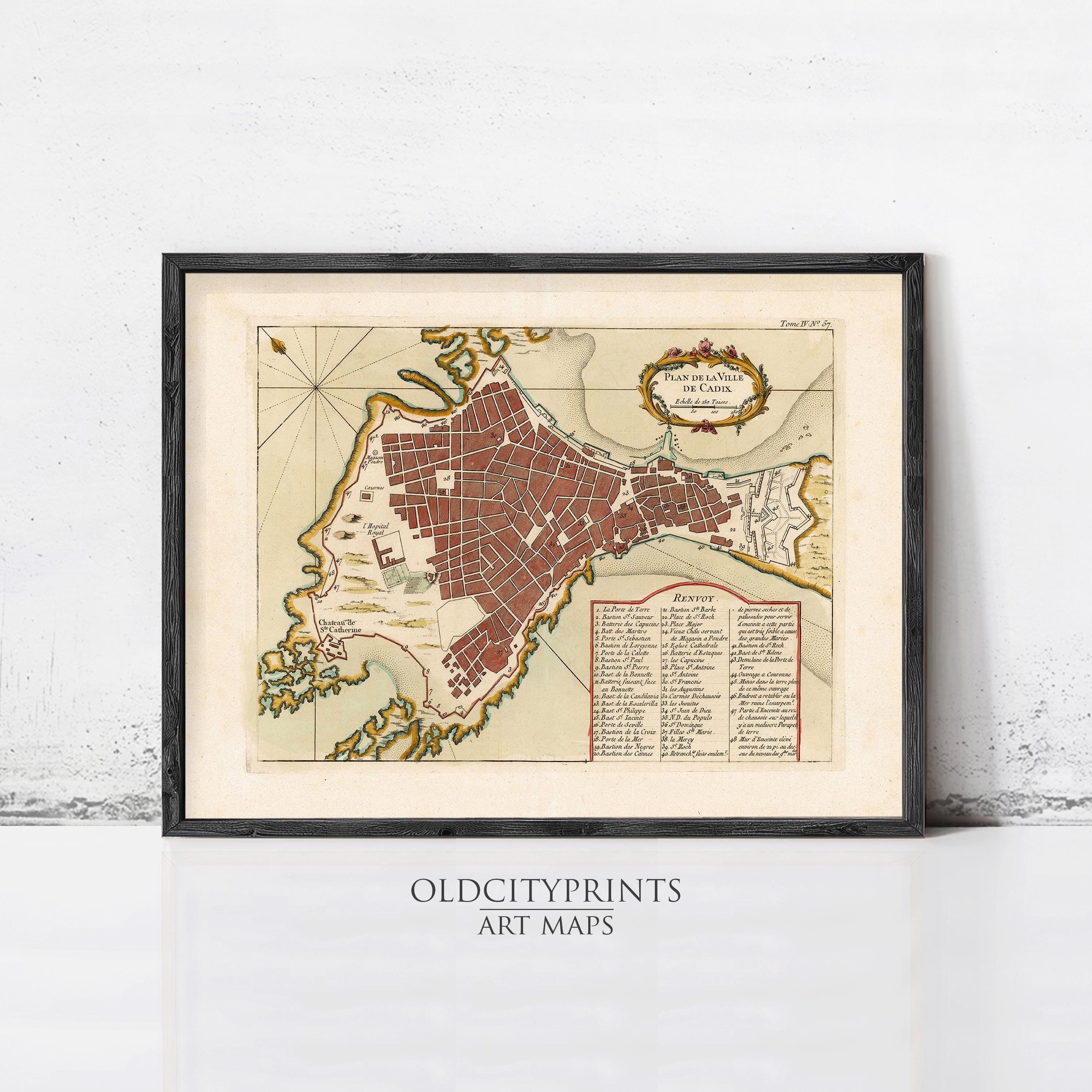 The image is a framed antique map of a city, likely from the 16th century, with detailed cartography and geographical information.