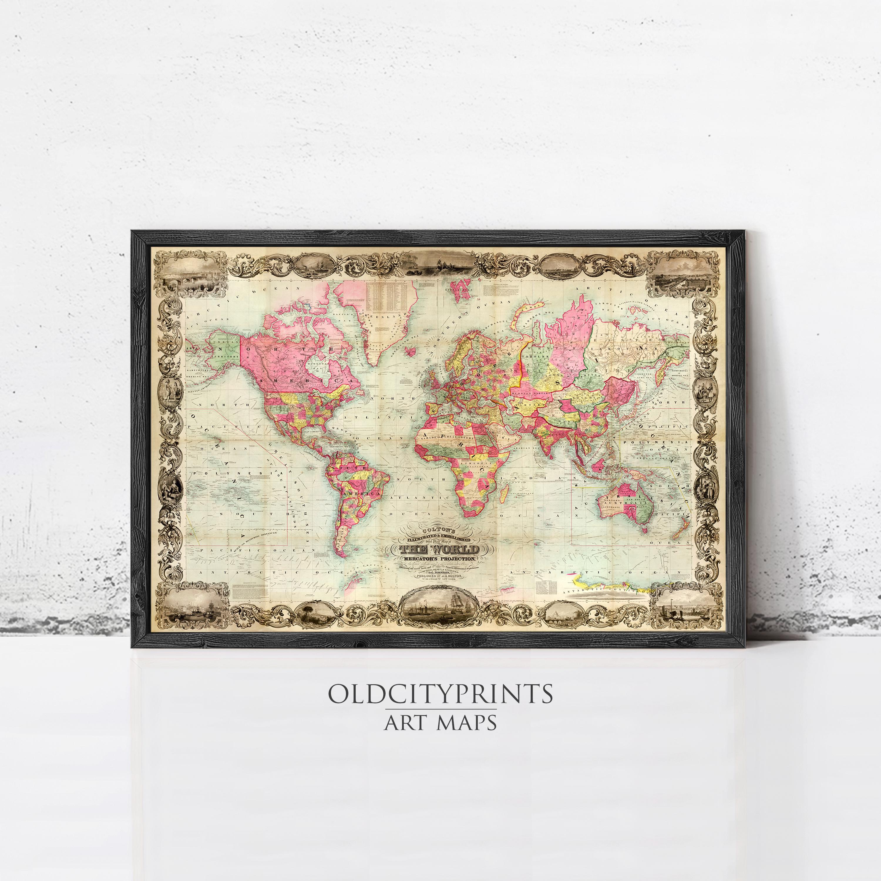 The image is a framed vintage world map with a decorative border, displayed on a wall.