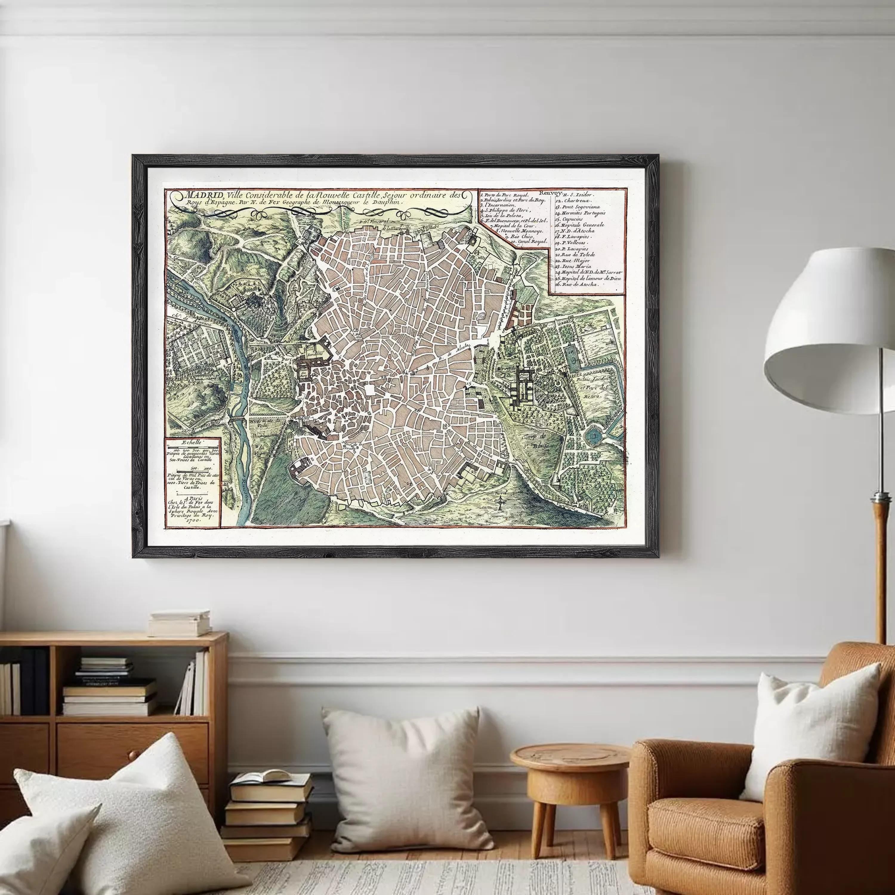 The image is a framed map of a city, likely displaying a detailed layout of streets, landmarks, and other geographical features.