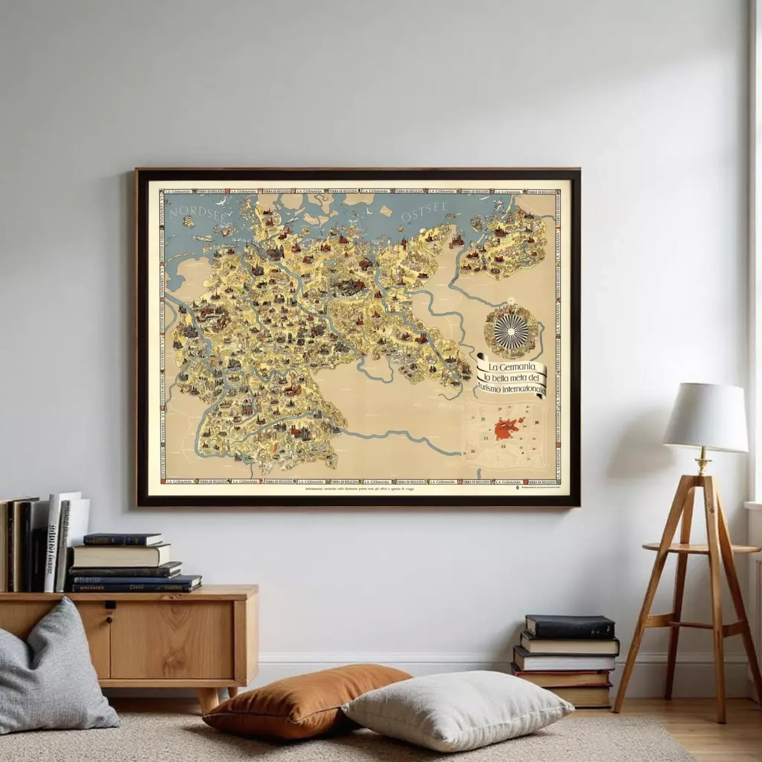The image is a framed map of Europe, depicting various countries and regions in a detailed and colorful manner.