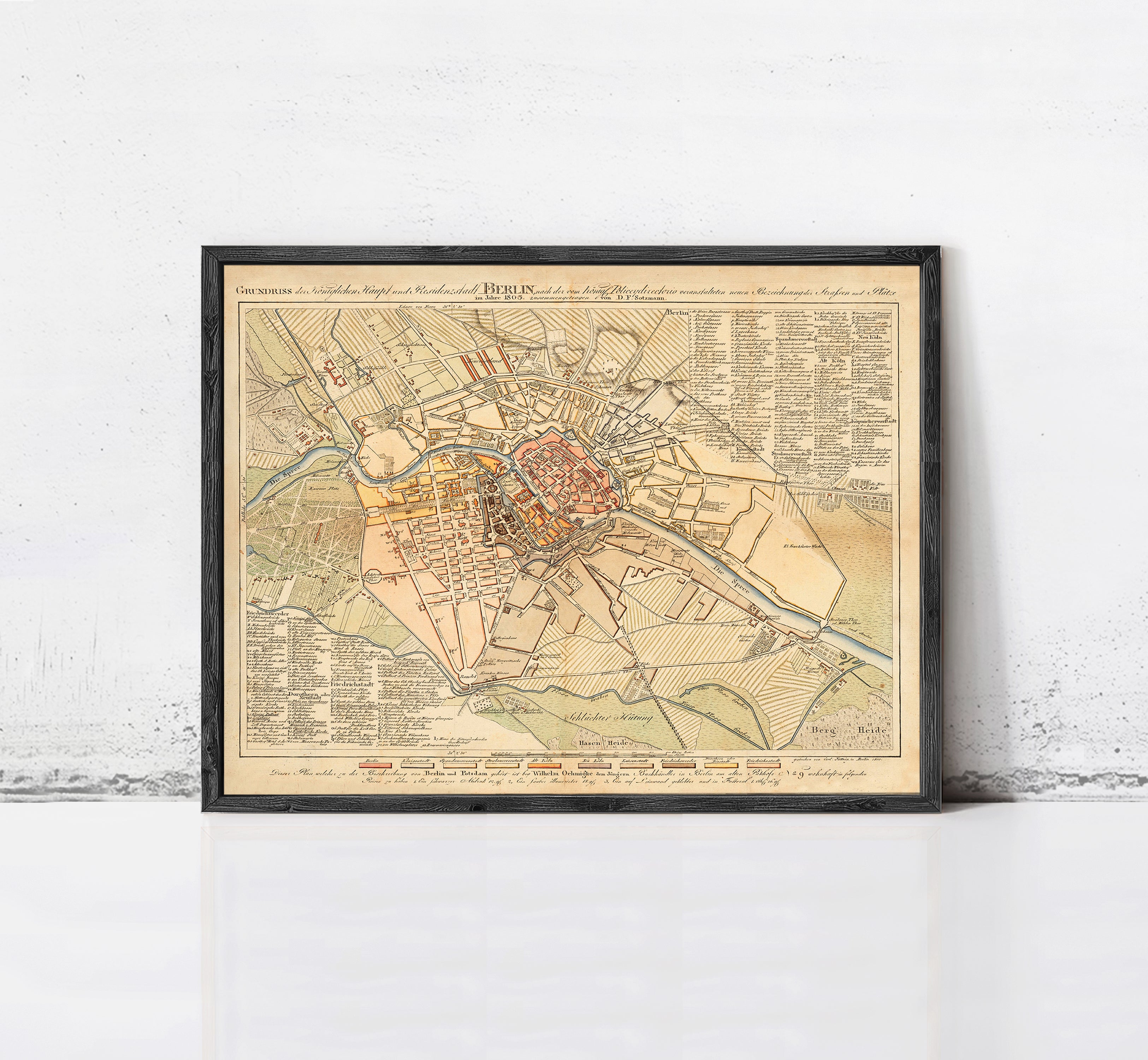 The image is a framed vintage map of Berlin, Germany, depicting the city's layout and surrounding areas.
