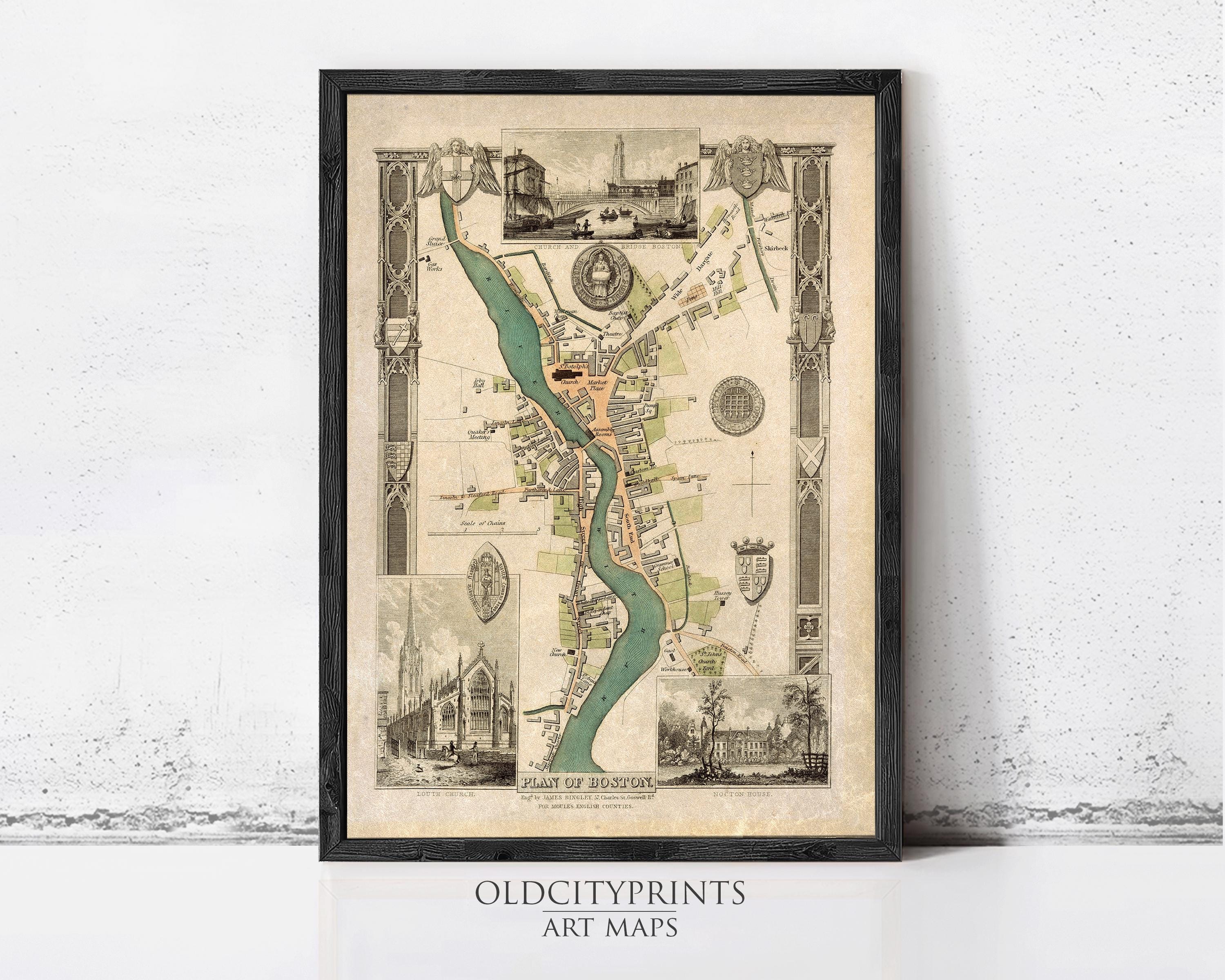 The image is a framed vintage map of a city, featuring various landmarks and streets.
