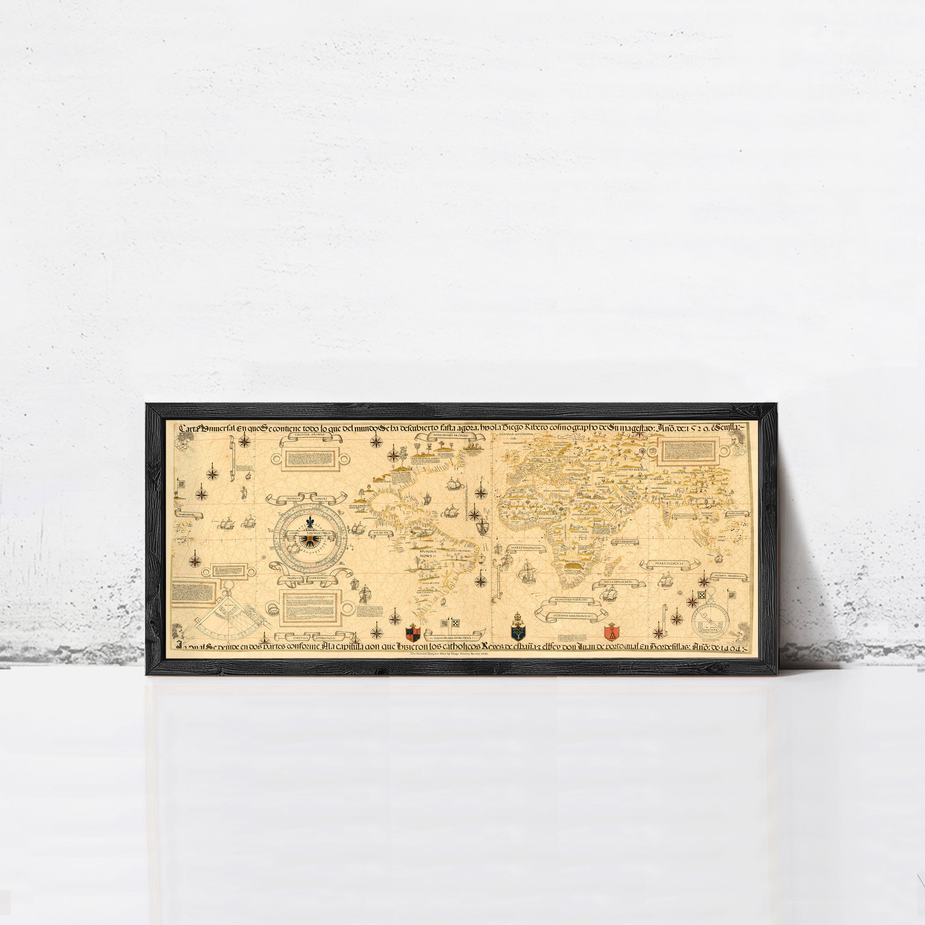 The image is a framed vintage map of the world, featuring intricate details and symbols.