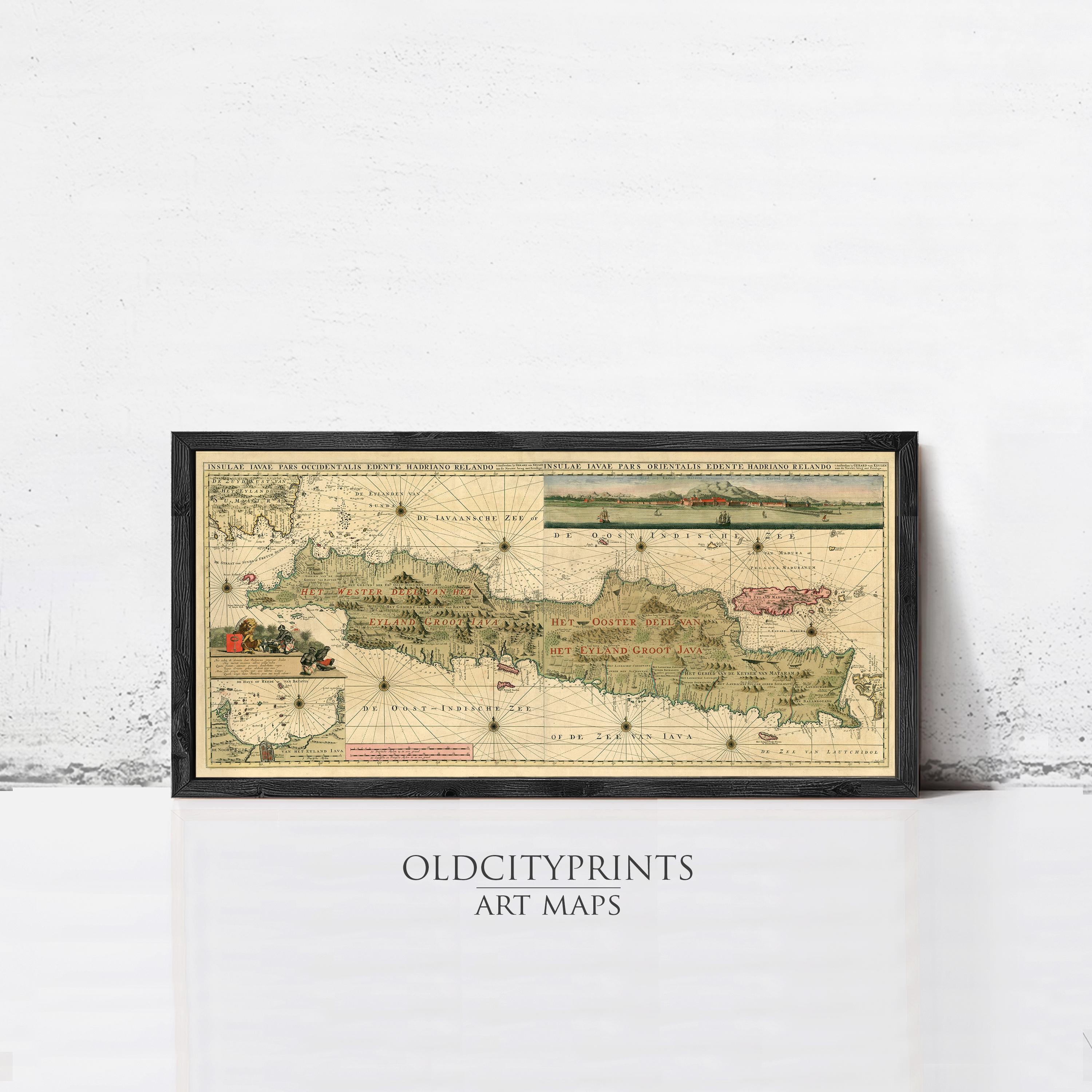 The image is a framed art print depicting a map of the Indonesian archipelago, which is a collection of islands located in the South China Sea.