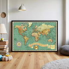 A framed vintage world map with a compass rose and a banner that reads "Crusades for pleasure Mediterranean and oriental cruises around the world to the west".