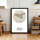 A framed map of Sicily, Italy, with the name "SICILY" printed below it.