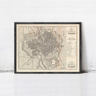 The image is a framed vintage map of Paris, France, depicting the city's layout and surrounding areas.