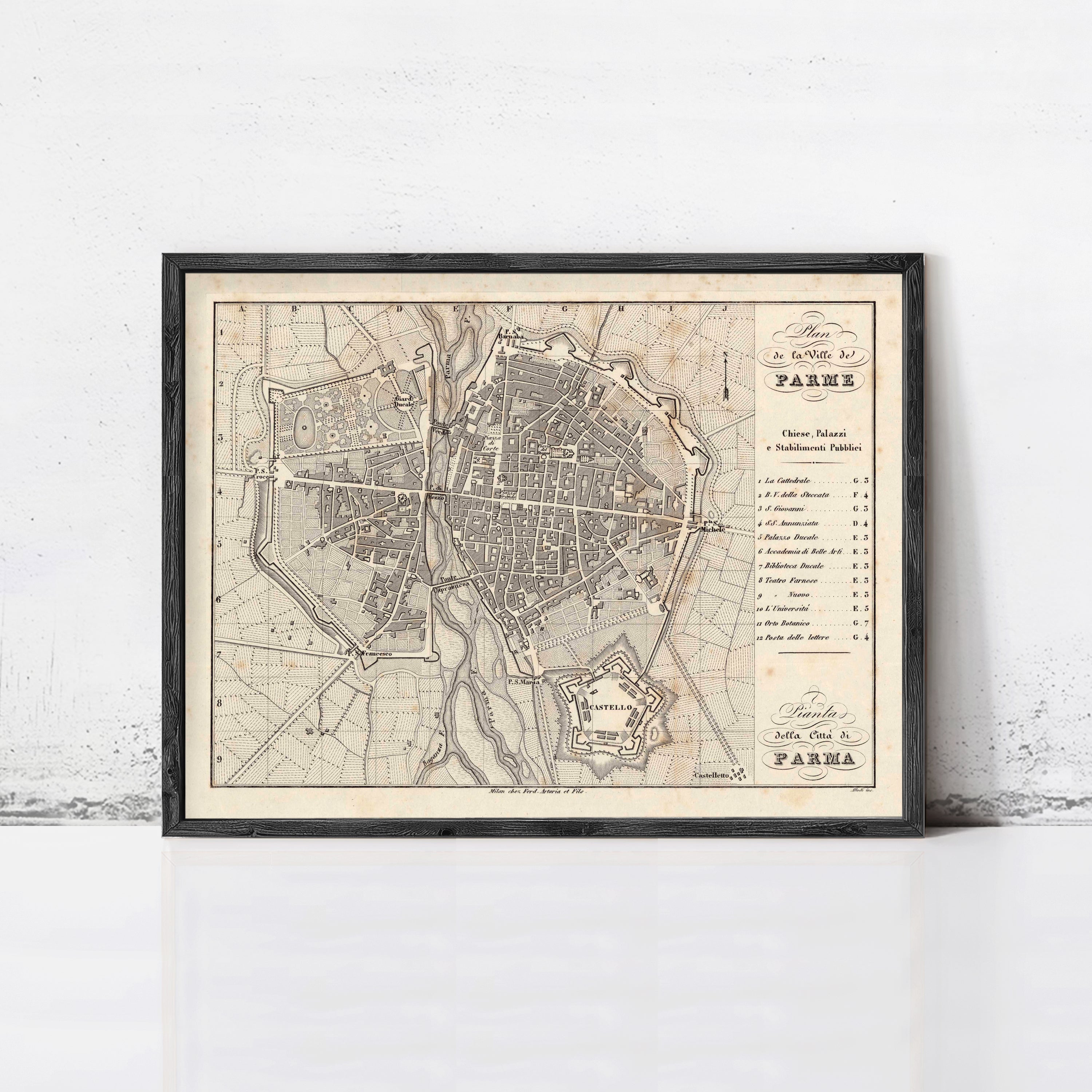 The image is a framed vintage map of Paris, France, depicting the city's layout and surrounding areas.