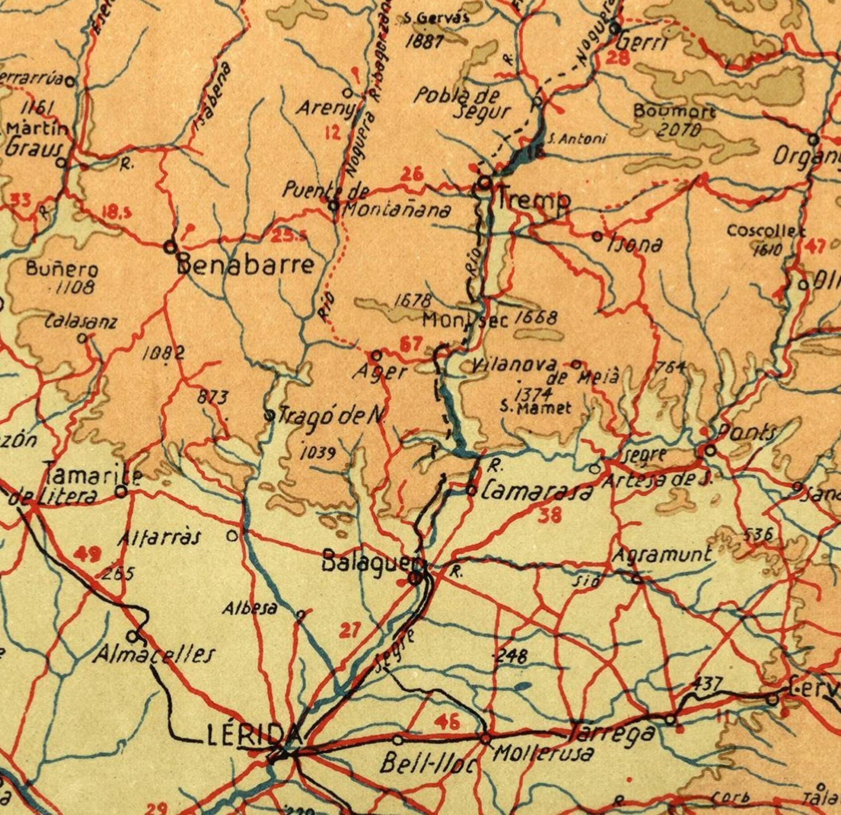 The image is a detailed map of a region, showing various roads, cities, and landmarks. It appears to be a vintage or historical map, with a focus on the geographical layout and transportation network. The map includes labels for different cities and towns, as well as roads and railways, providing a comprehensive overview of the area. The image does not contain any text that can be transcribed, and it does not include any specific details about the content or purpose of the map.