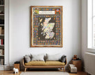 The image is a framed map of Scotland, featuring a variety of symbols and coat of arms representing different regions and groups within the country.