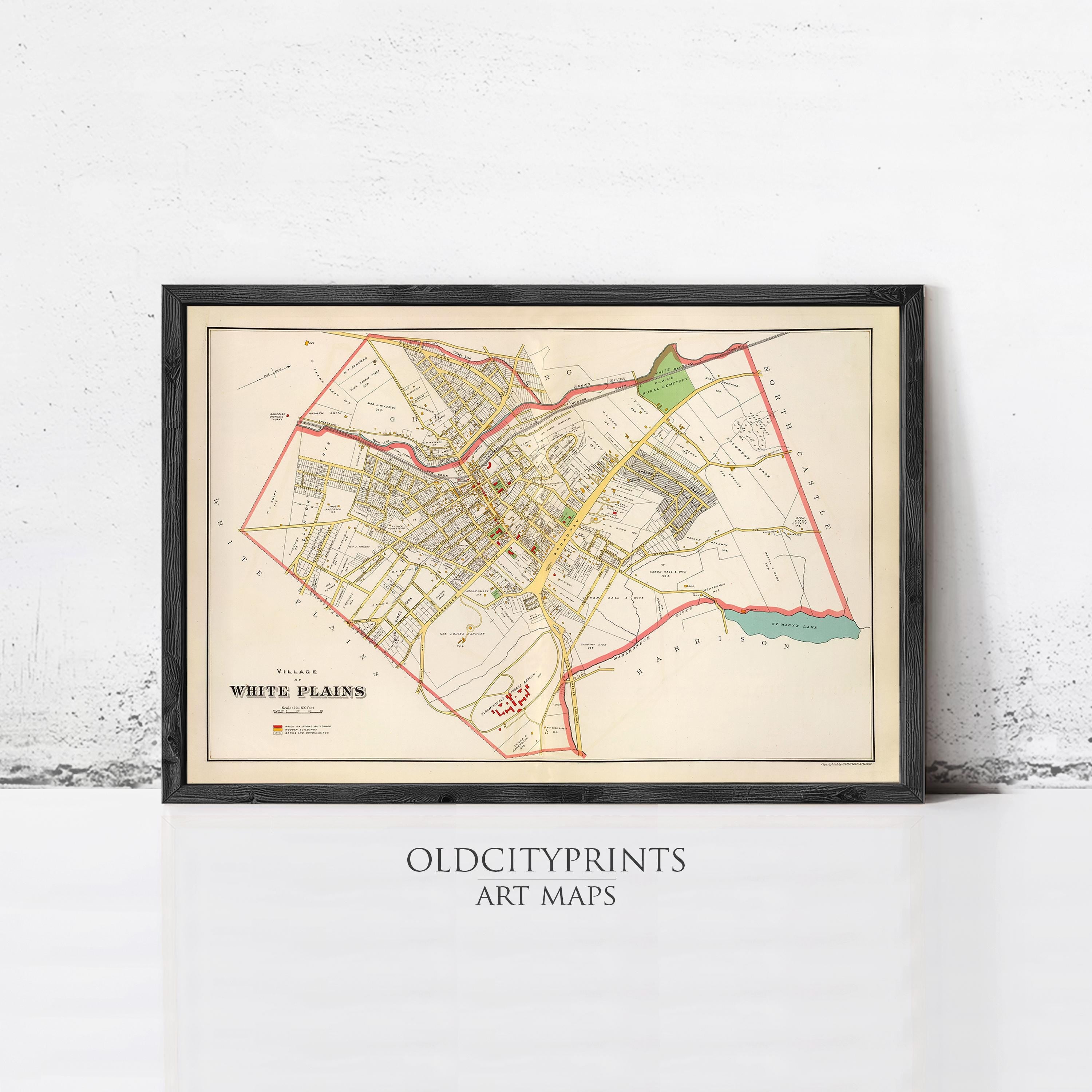 The image is a framed vintage map of White Plains, New York, with a black border and a white background.