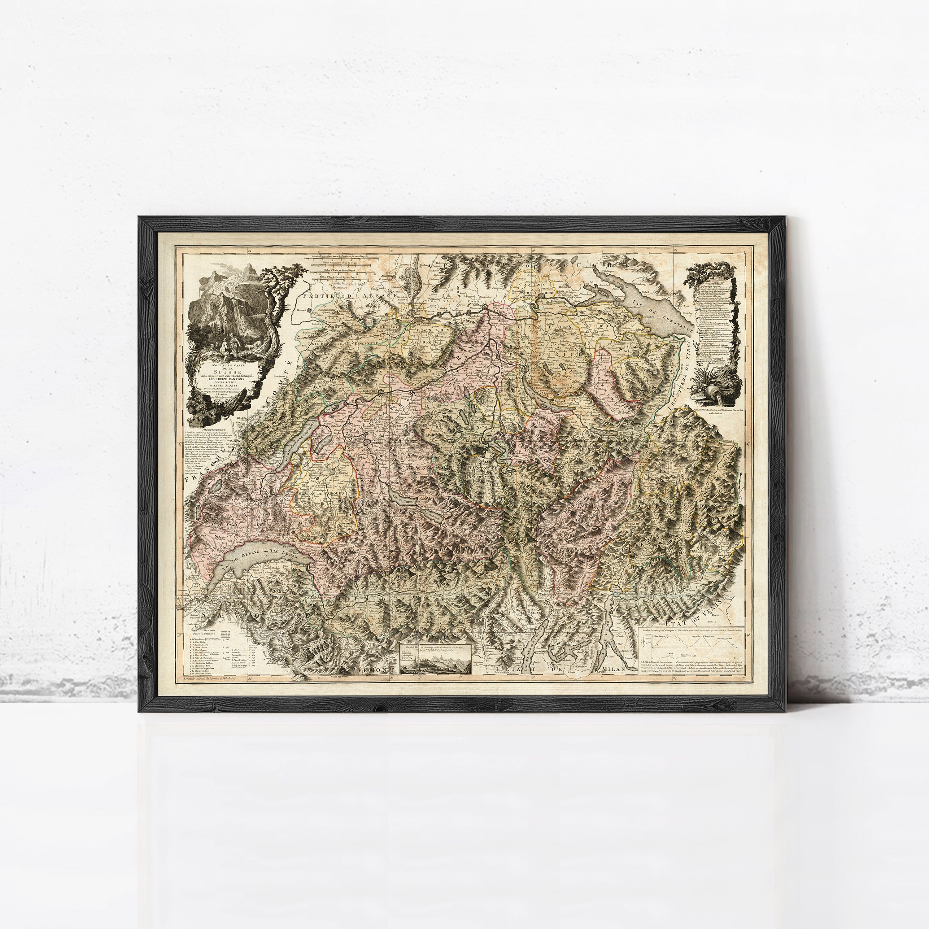 The image is a framed antique map of Europe, depicting various countries and regions in a detailed and intricate manner.