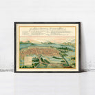 The image is a framed historical map of Mexico, depicting a city surrounded by mountains and lush greenery.