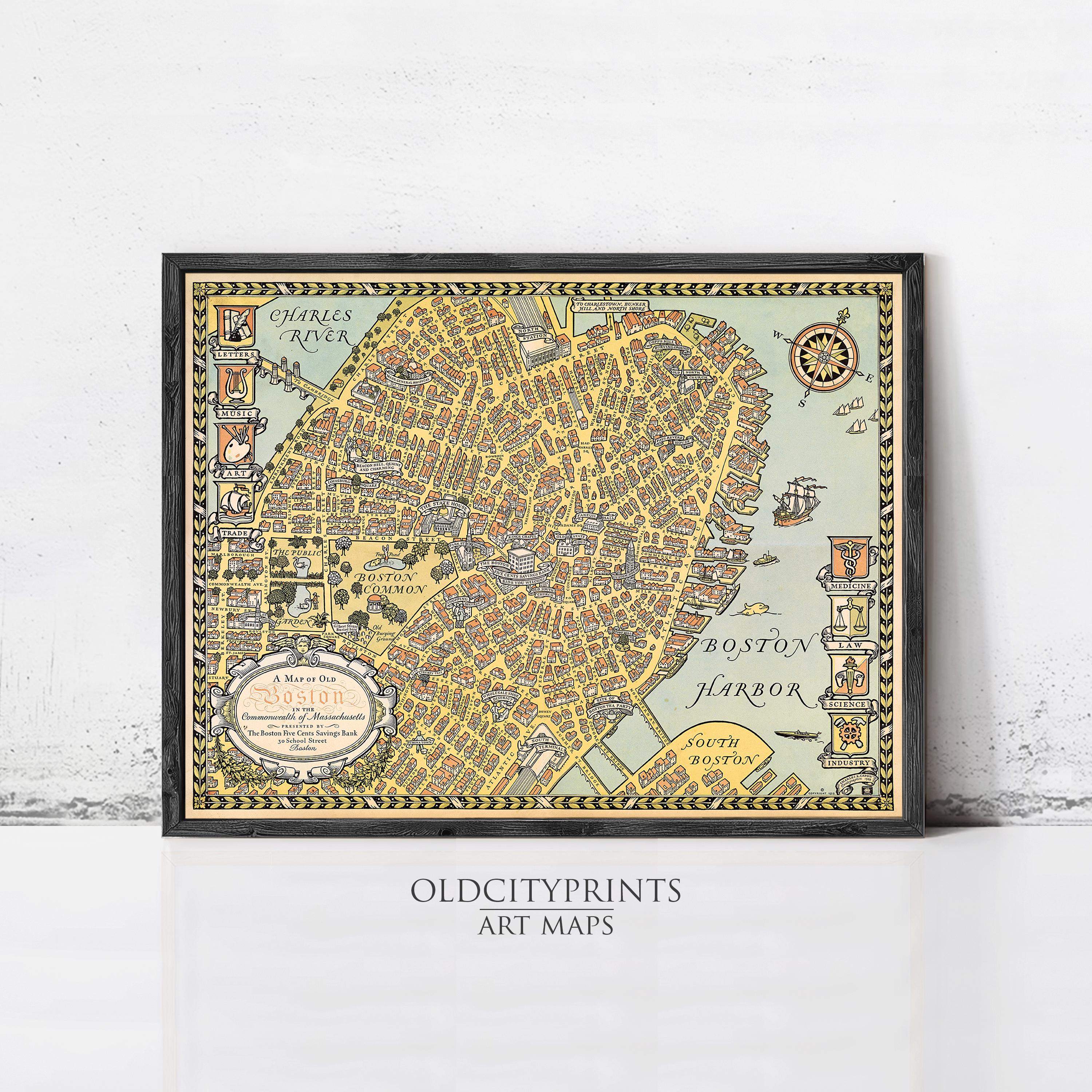 A framed vintage map of Boston, Massachusetts, with a detailed illustration of the city's streets, landmarks, and surrounding areas.