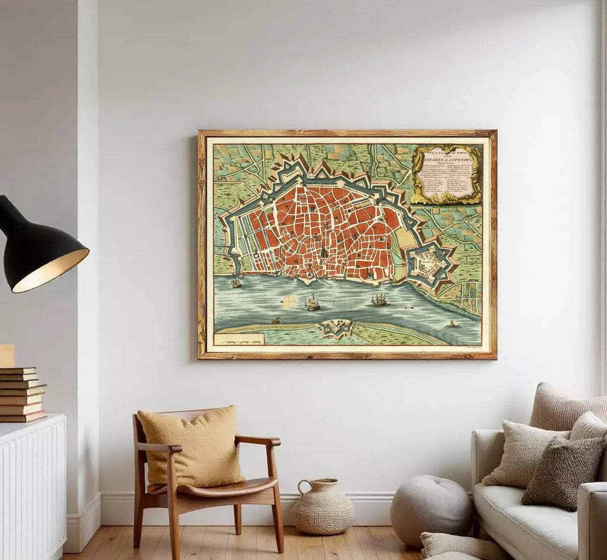 The image is a framed vintage map of a city, depicting a detailed layout of the streets, buildings, and surrounding landscape.