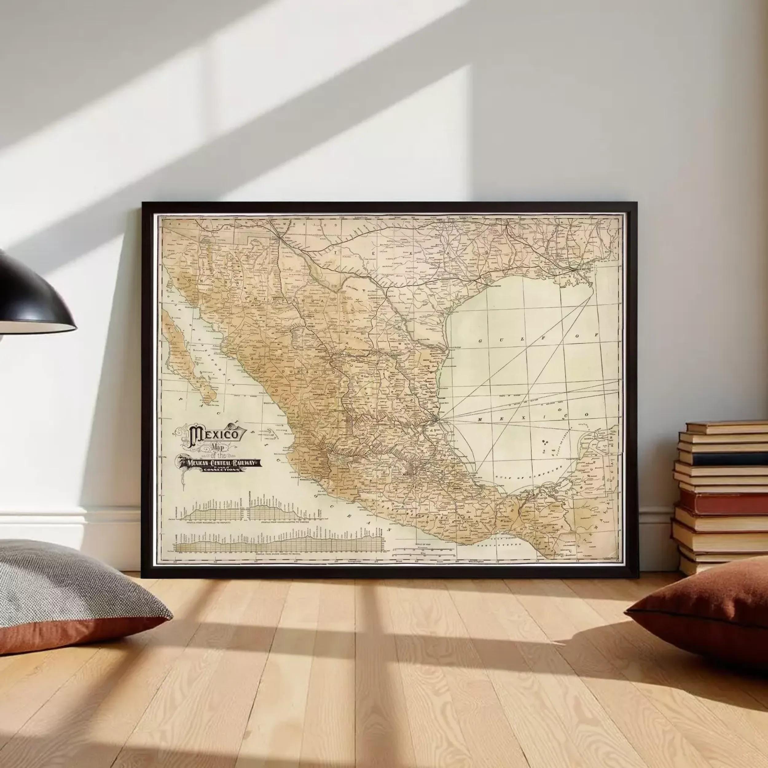 The image is a framed vintage map of Mexico, showing the country's geographical layout and major cities.