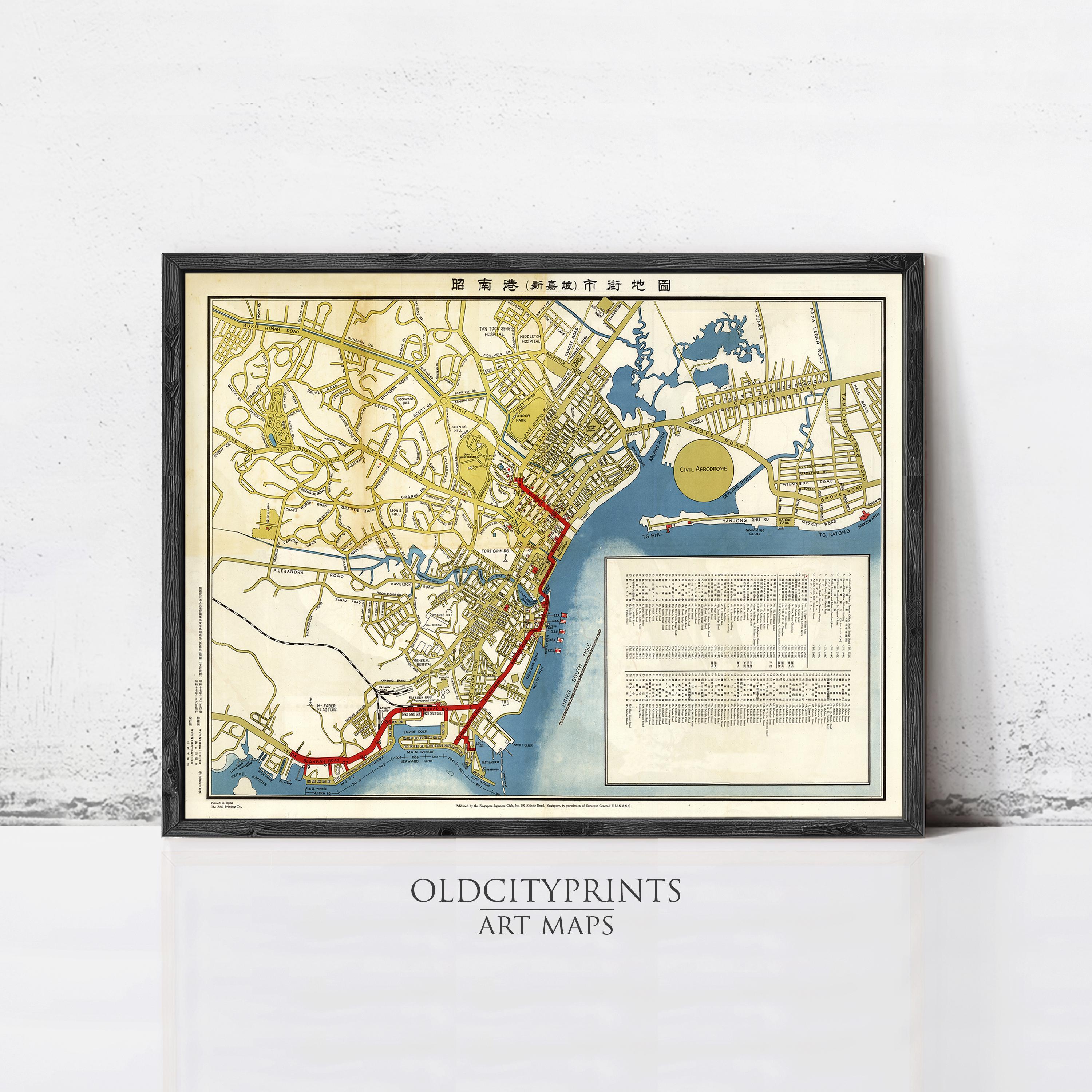 The image is a framed art print depicting a map of a city, with various streets and landmarks labeled.