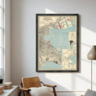 The image is a framed vintage map of the city of Yokohama, Japan, depicting the city's layout and surrounding areas.