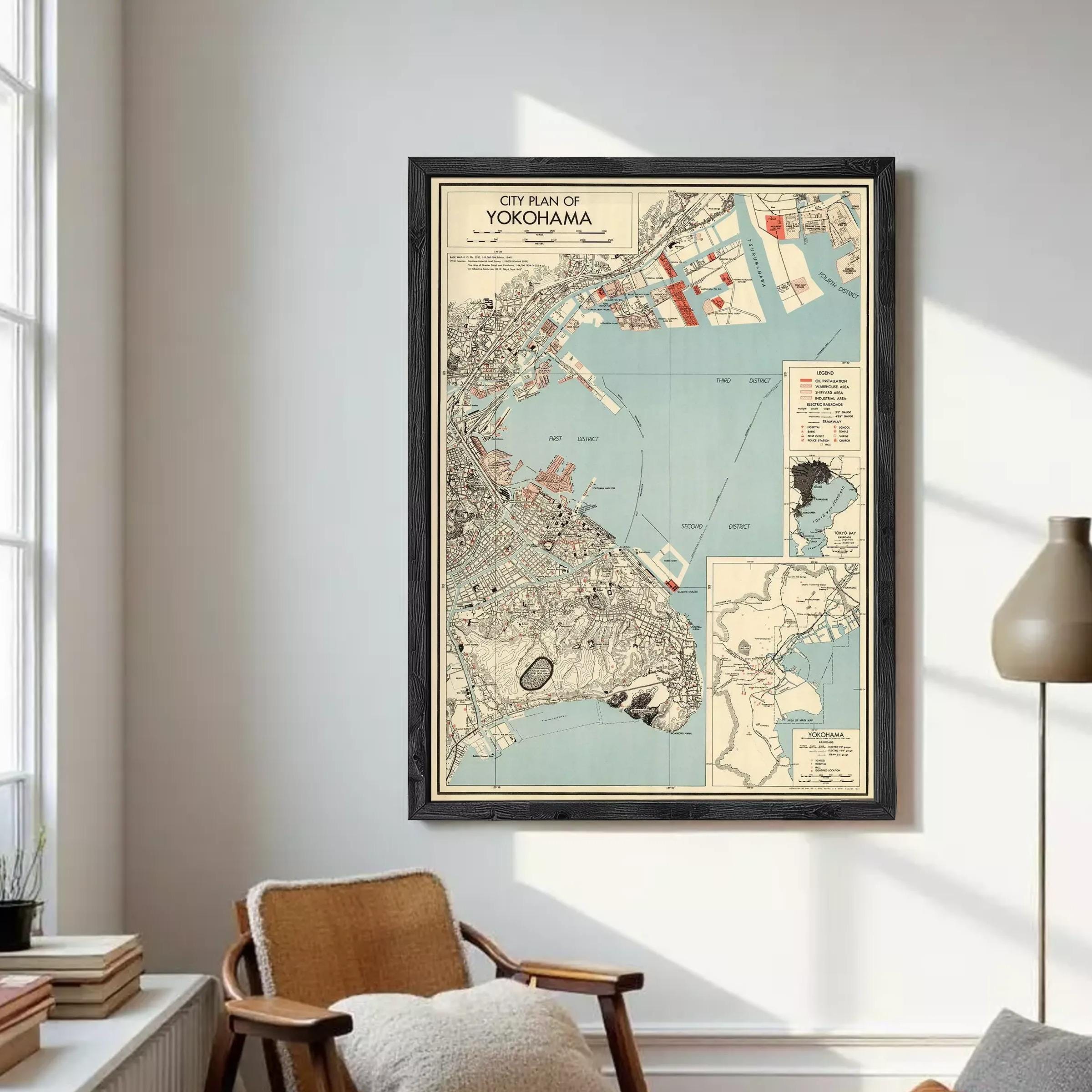 The image is a framed vintage map of the city of Yokohama, Japan, depicting the city's layout and surrounding areas.