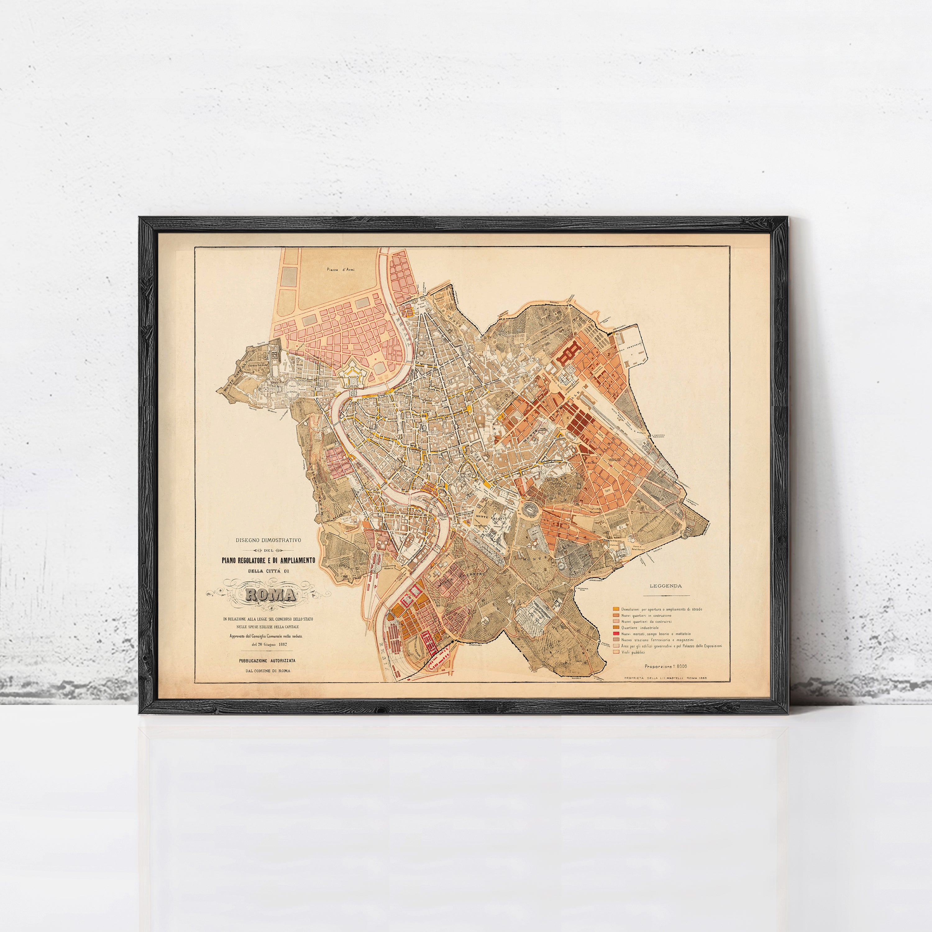 The image is a framed map of Rome, Italy, depicting the city's layout and surrounding areas.