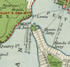 The image is a map showing a coastal area with a bay, a lighthouse, and a town. The map includes various labels such as "Reservoir", "To.Apples", "M.L.W.P. & Jetty", "Queen St", "Mends St", "Zoolog-Ical", and "Quarry Pt". The map also includes a legend and a scale, providing a detailed representation of the coastal region.