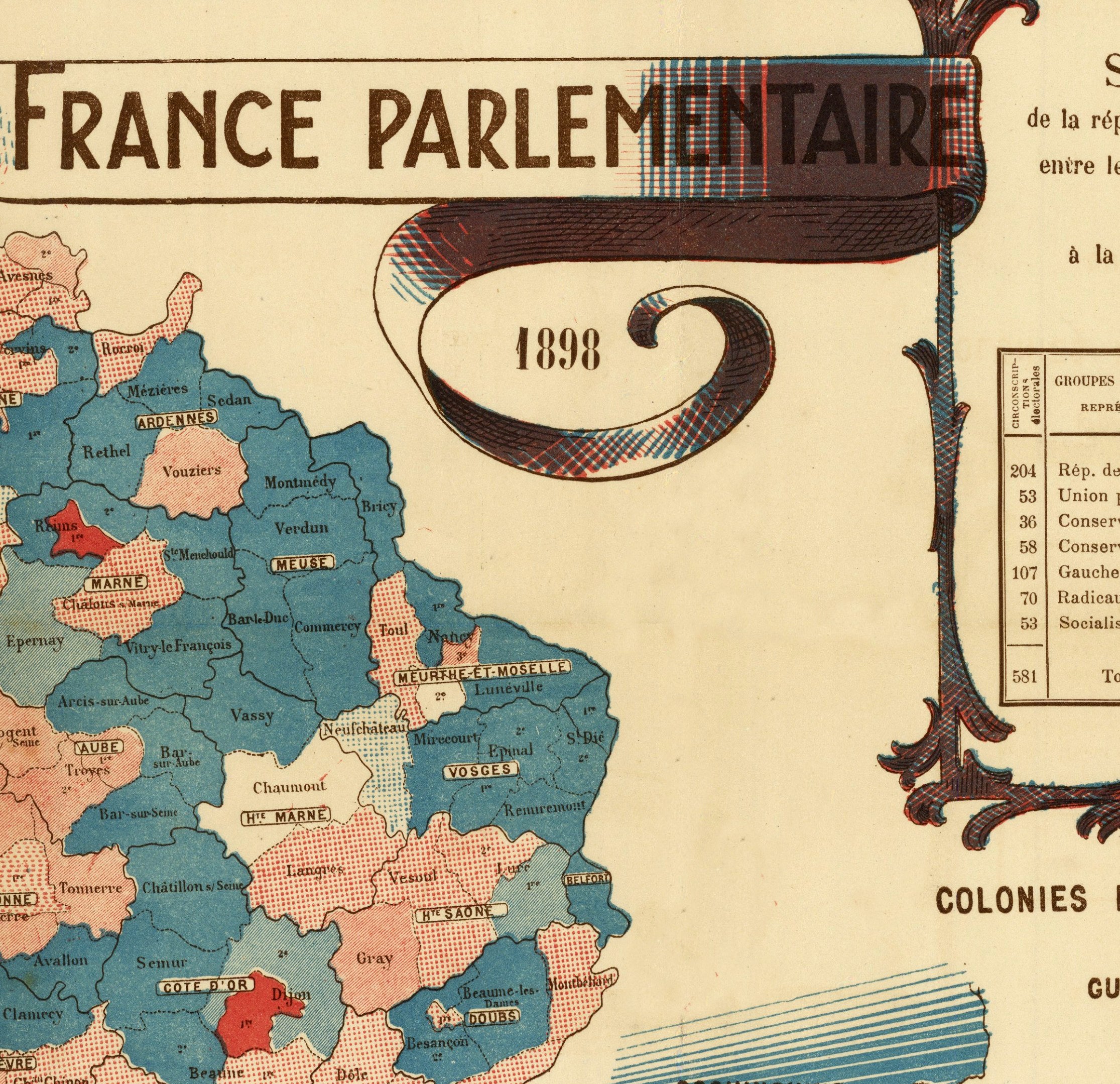 The image is a vintage map of France, showing the different regions and their populations. The map is detailed and colorful, with various colored regions and labels indicating different areas within France.