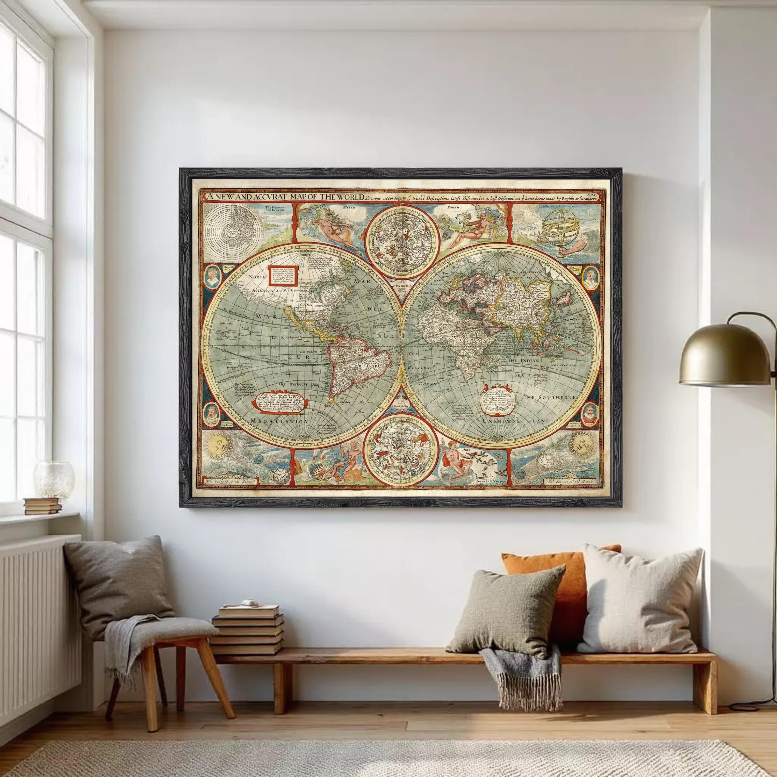 The image is a framed vintage map of the world, featuring intricate details and illustrations.